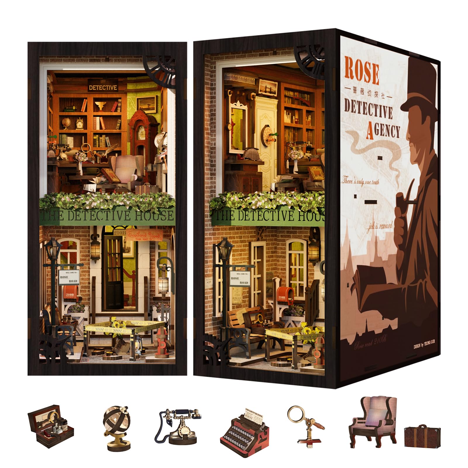 CUTEBEE DIY Book Nook Kit with Dust Cover, Bookshelf Insert DIY Miniature Kit Booknook Bookend Stand Bookcase Model Build Creativity Kit Decor Alley with LED Light (Rose Detective Agency)