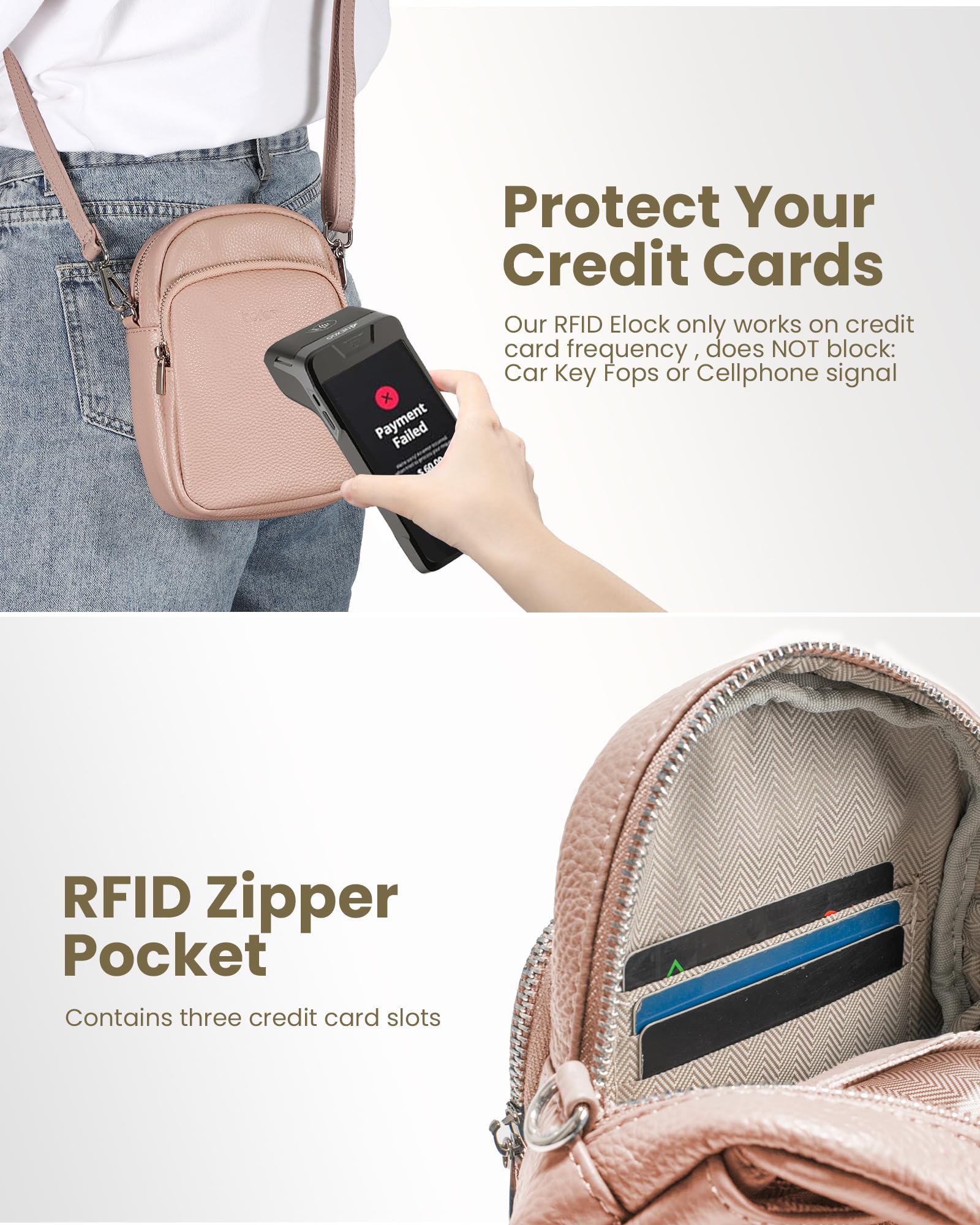 befen Nude Pink Genuine Leather Small Crossbody Bags for Women Cellphone Purses Shoulder Bag with RFID Blocking Card Slots