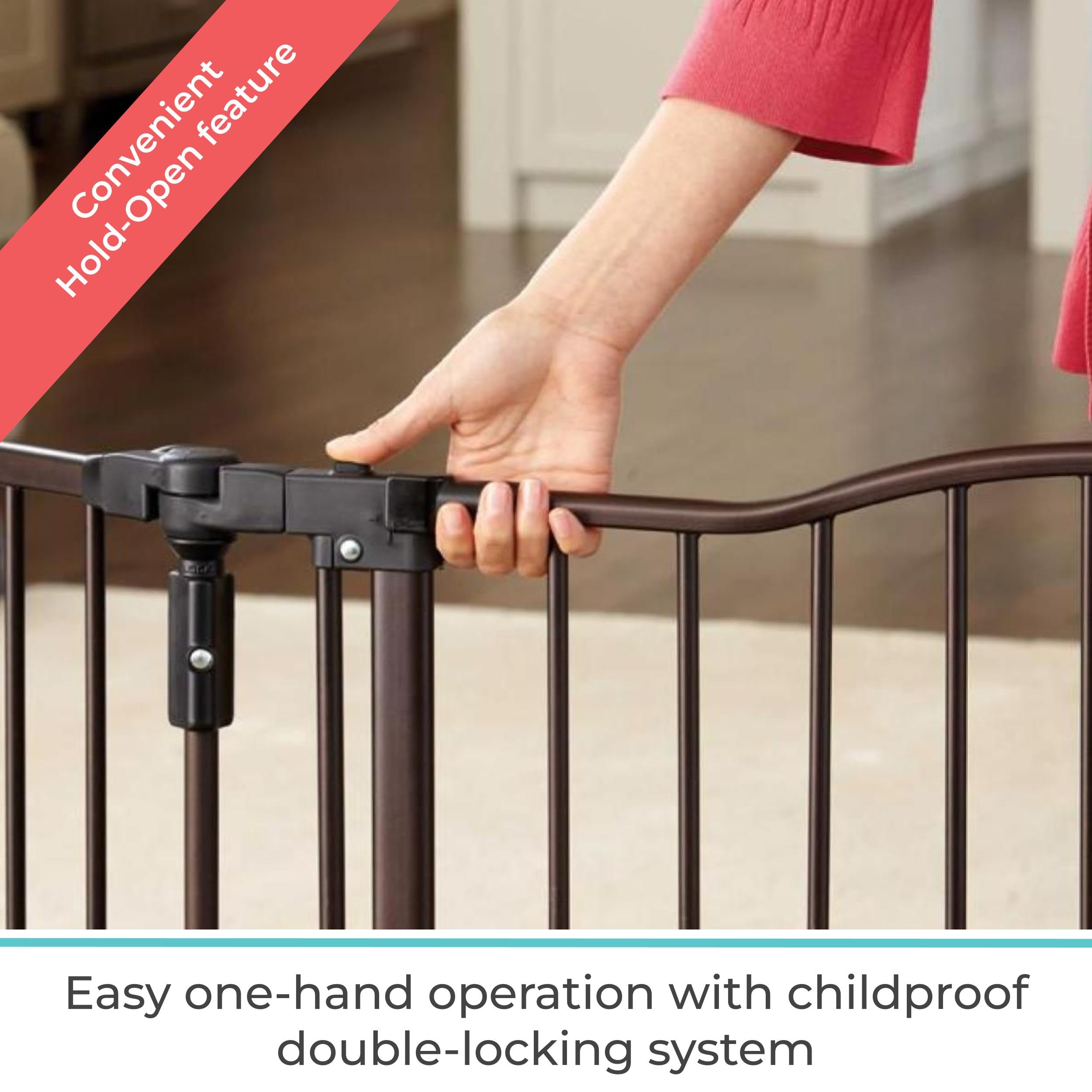 Toddleroo by North States 72” wide Deluxe Décor Baby Gate: Sturdy safety gate with one hand operation. Extra wide baby gate. Hardware Mount. Fits 38.3 - 72” Wide. (30" Tall, Matte Bronze)
