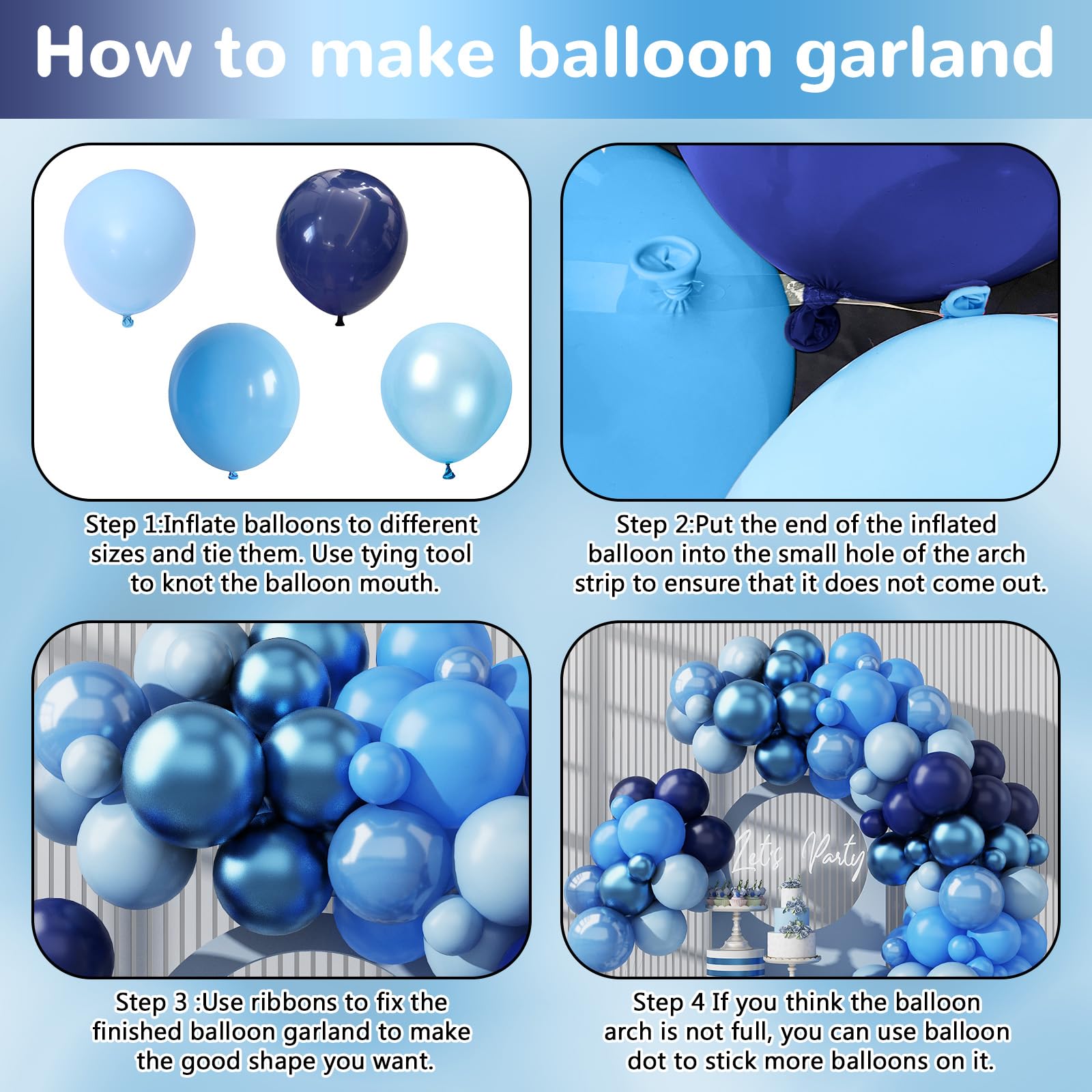 HILAVO Blue Balloon Garland Arch Kit 12 Inch 90 Pcs Metallic Chrome Pearl Baby Light Dark Royal Blue Latex Balloons for Winter Wonderland Baby Shower Birthday Wedding Ocean Party Decor