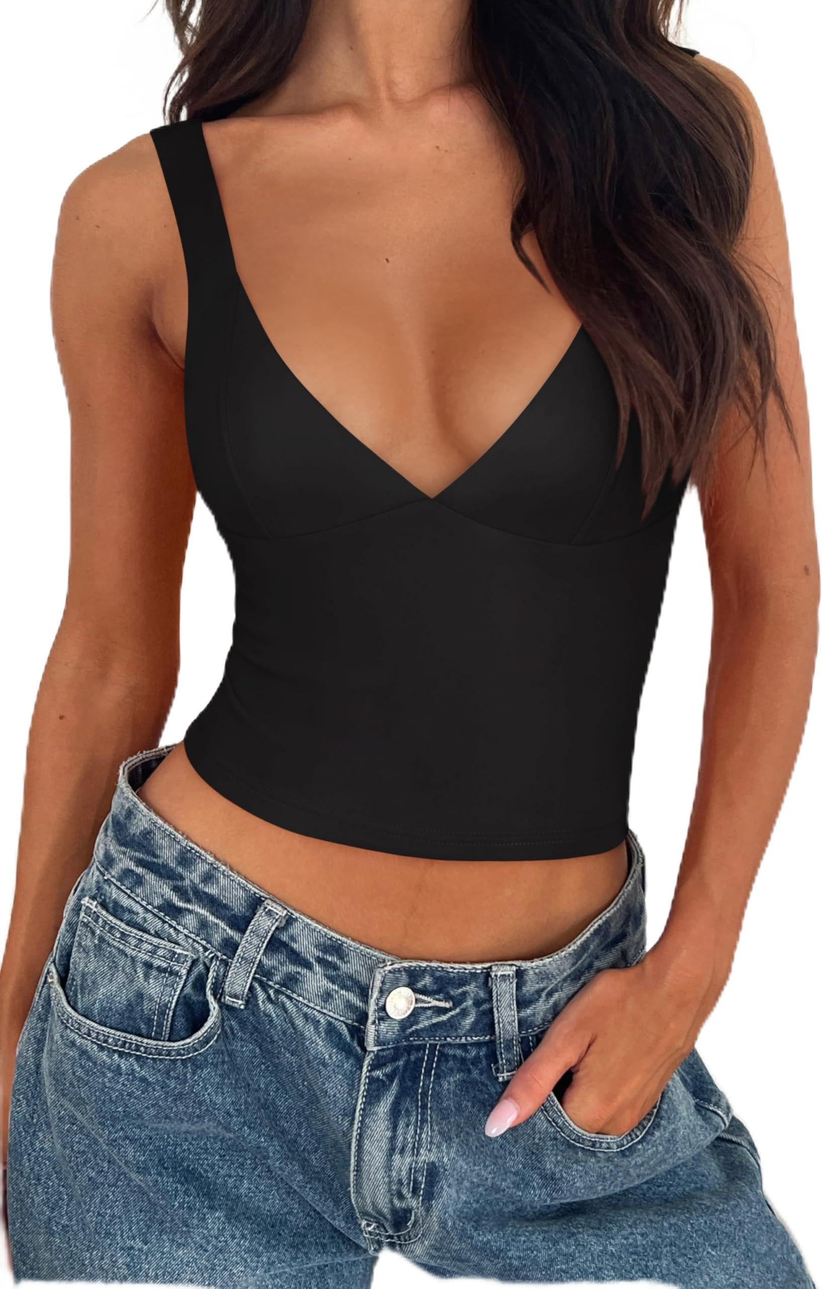 REORIA Women's Summer Sexy Casual Deep V Neck Sleeveless Slim Fit Cropped Corset Cami Fashion Trendy Y2k Going Out Crop Tank Tops Black Large