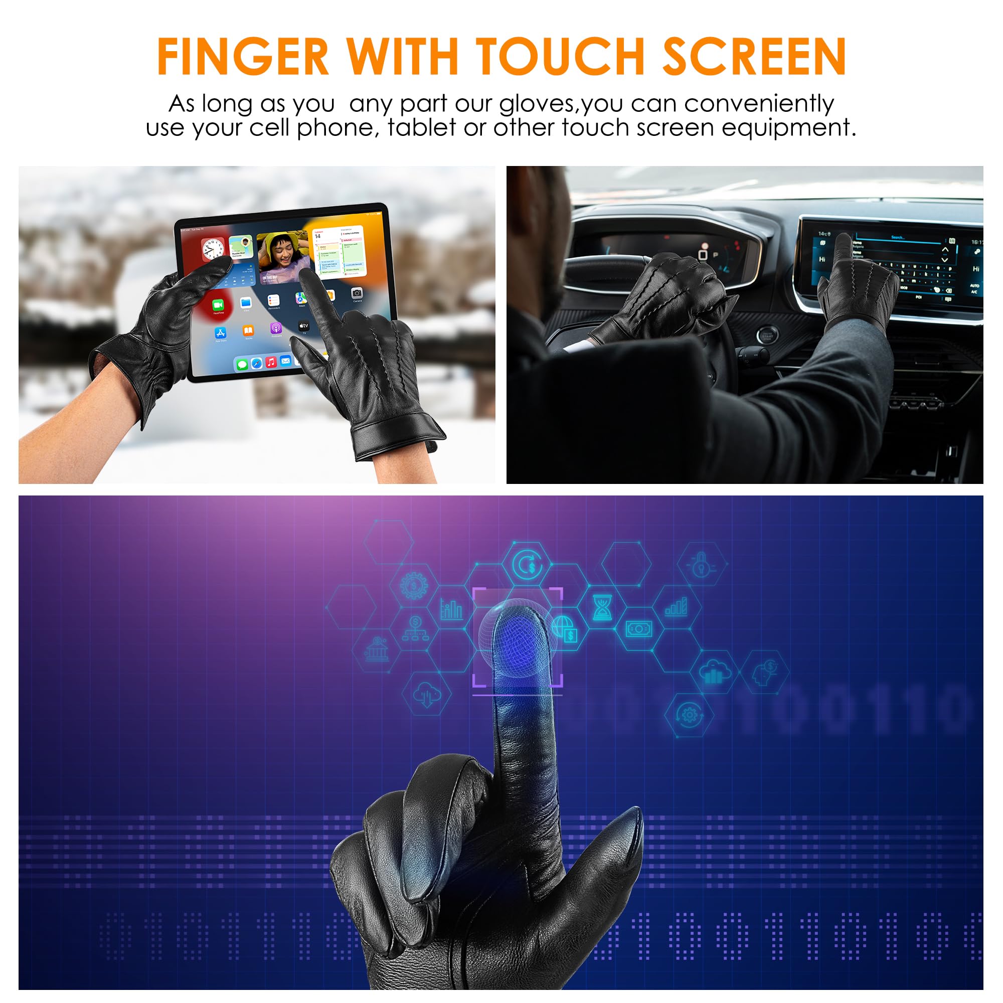 LOKIMSI Genuine Sheepskin Leather Gloves for Men, Soft Cashmere Winter Warm Touch Screen Gloves Motorcycle Driving Gloves