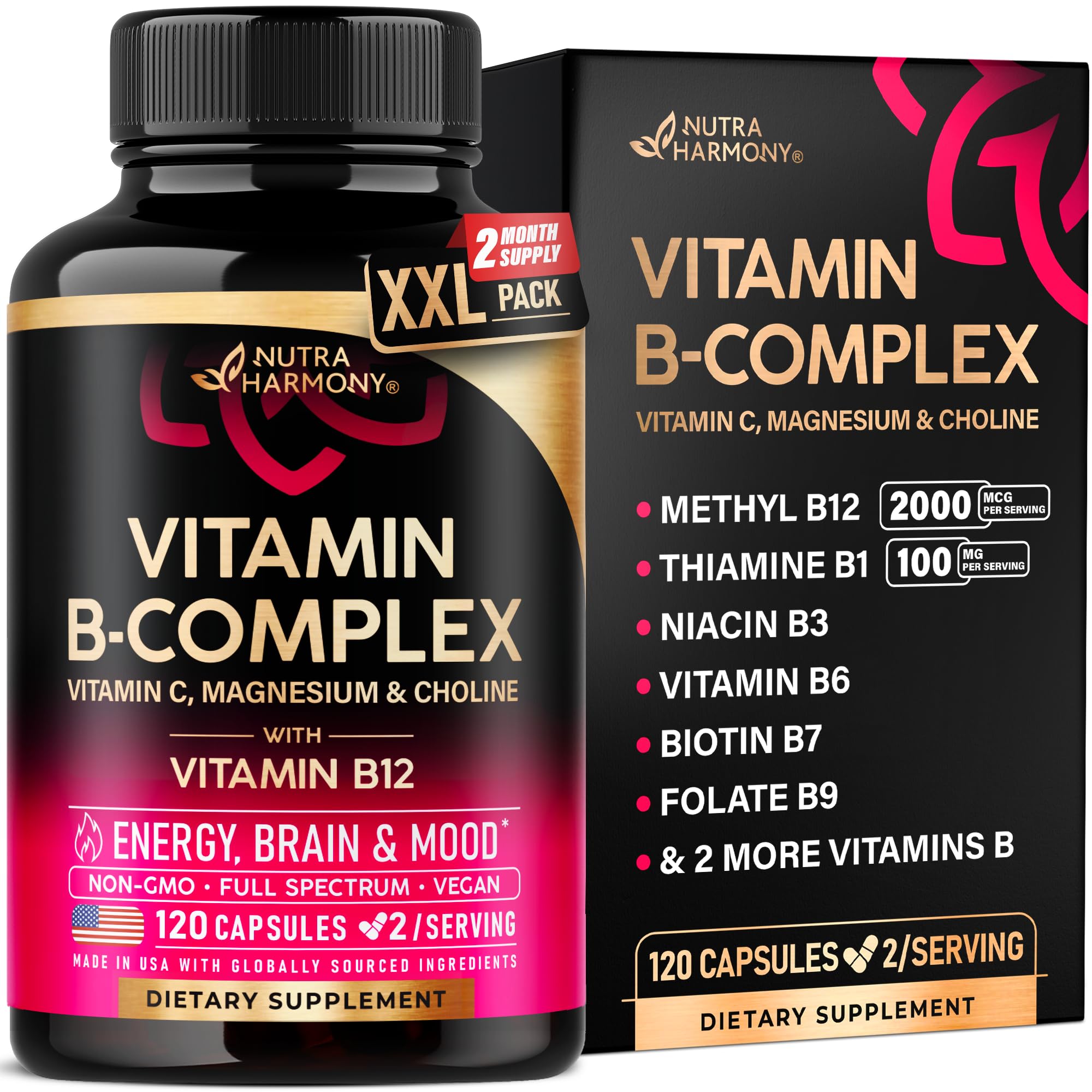 Vitamin B Complex for Men & Women - Made in USA - B-Complex: B1, B2, B3, B5, B6, B7, B8, B9, B12 with Vitamin C, Choline, Inositol - Energy, Brain & Heart Support Supplement, 120 Vegan Capsules