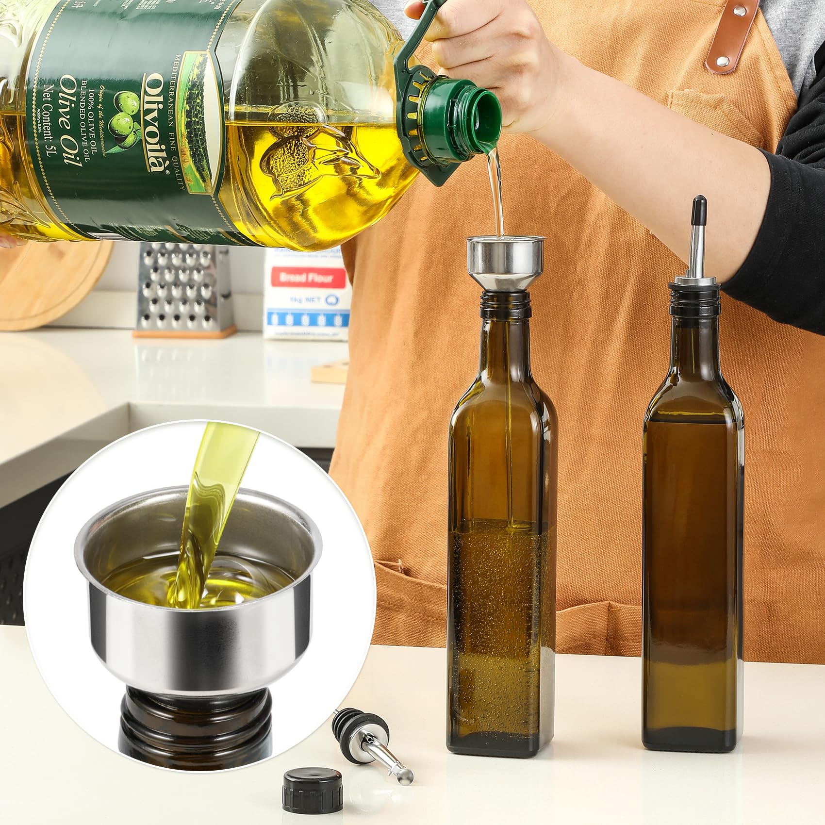 AOZITA 17oz Glass Olive Oil Dispenser - Oil and Vinegar Cruet Bottle with Stainless Steel Pourers - Funnel For Easy Refill - Olive Carafe Decanter for Kitchen