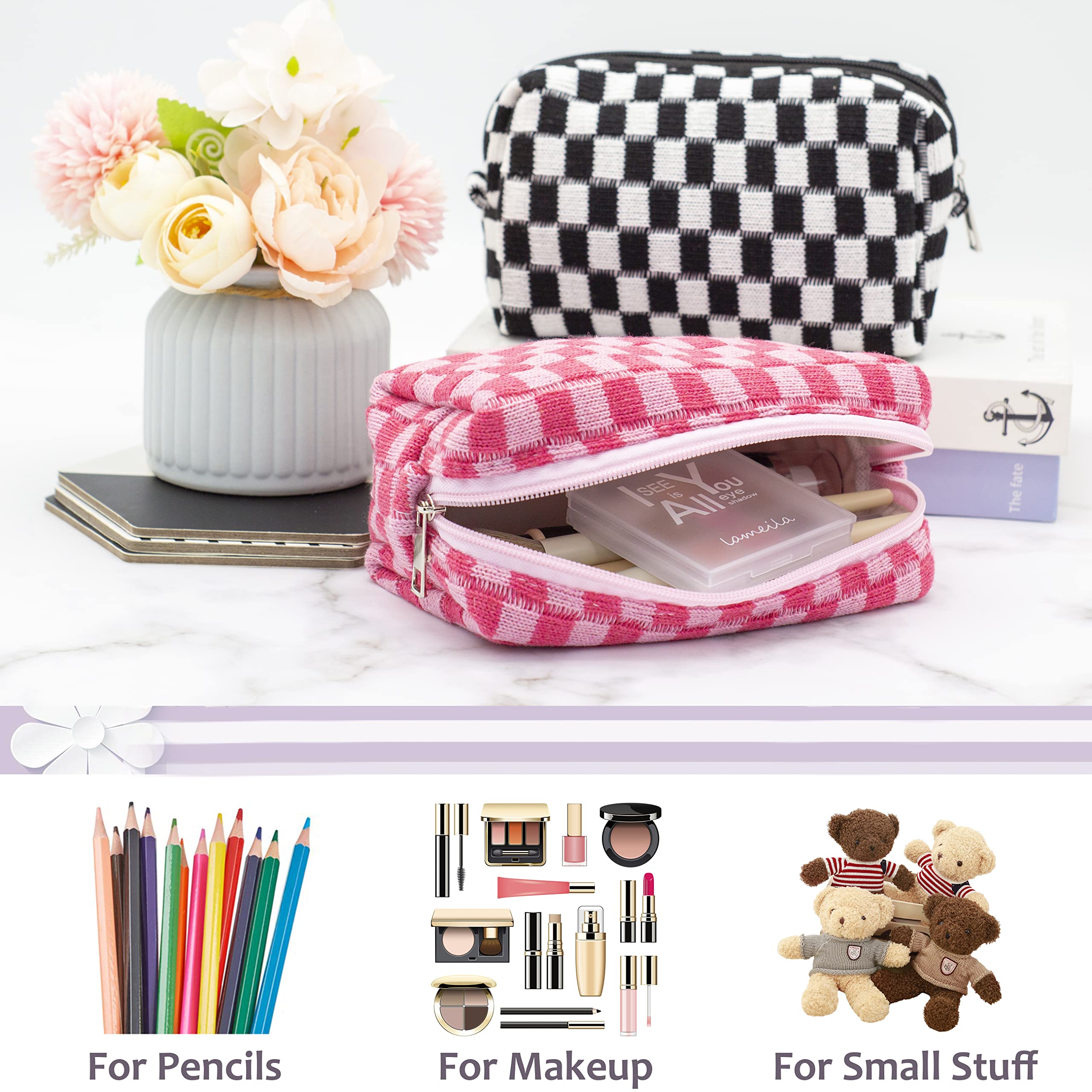 PAZIMIIK Checkered Makeup Bag for Purse Portable Zipper Make Up Pouch Small Cosmetic Case for Travel Accessories (Hotpink)