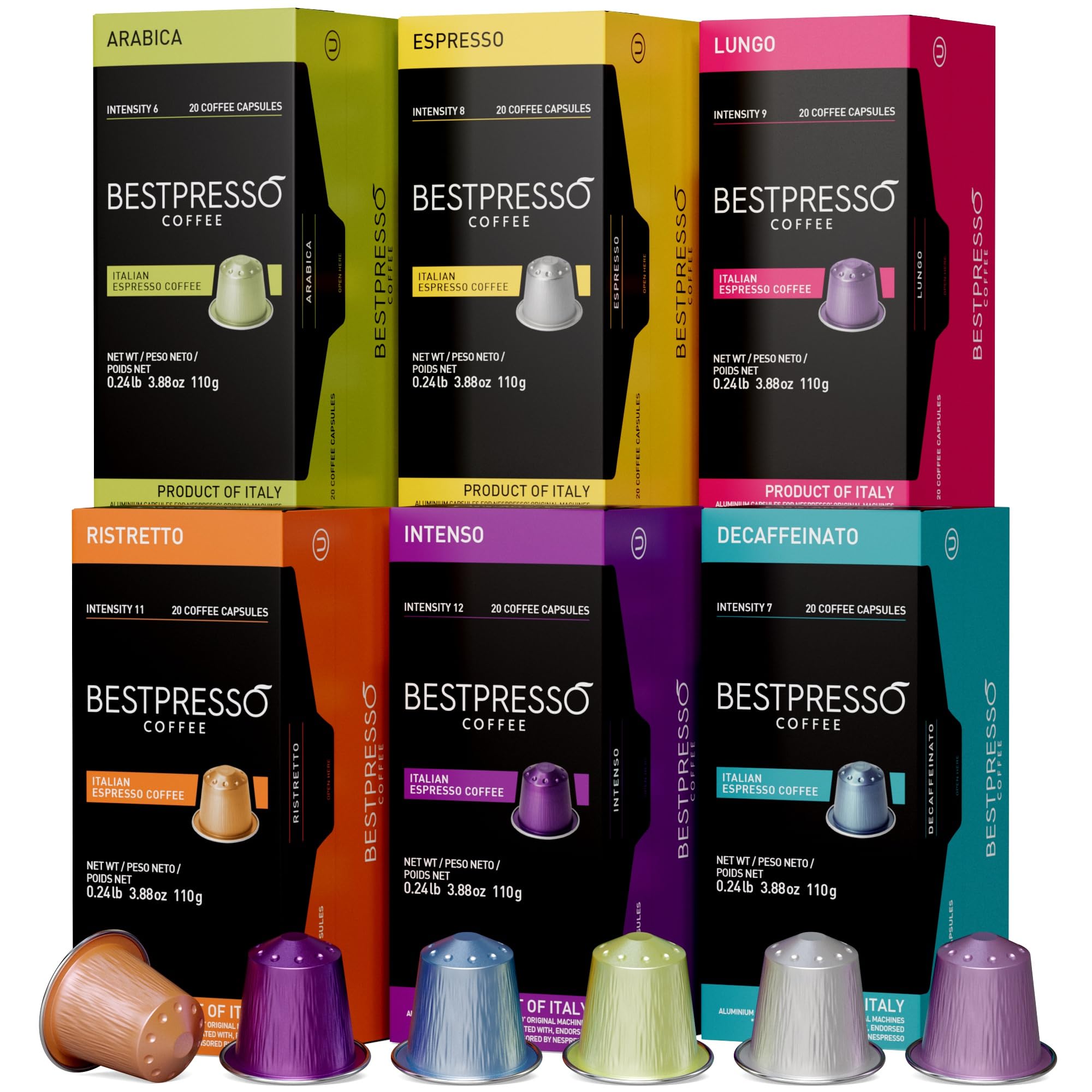 Bestpresso Coffee for Nespresso Original Machine 120 pods Certified Genuine Espresso Variety Pack includes one pack of decaf coffee, Pods Compatible with Nespresso Original
