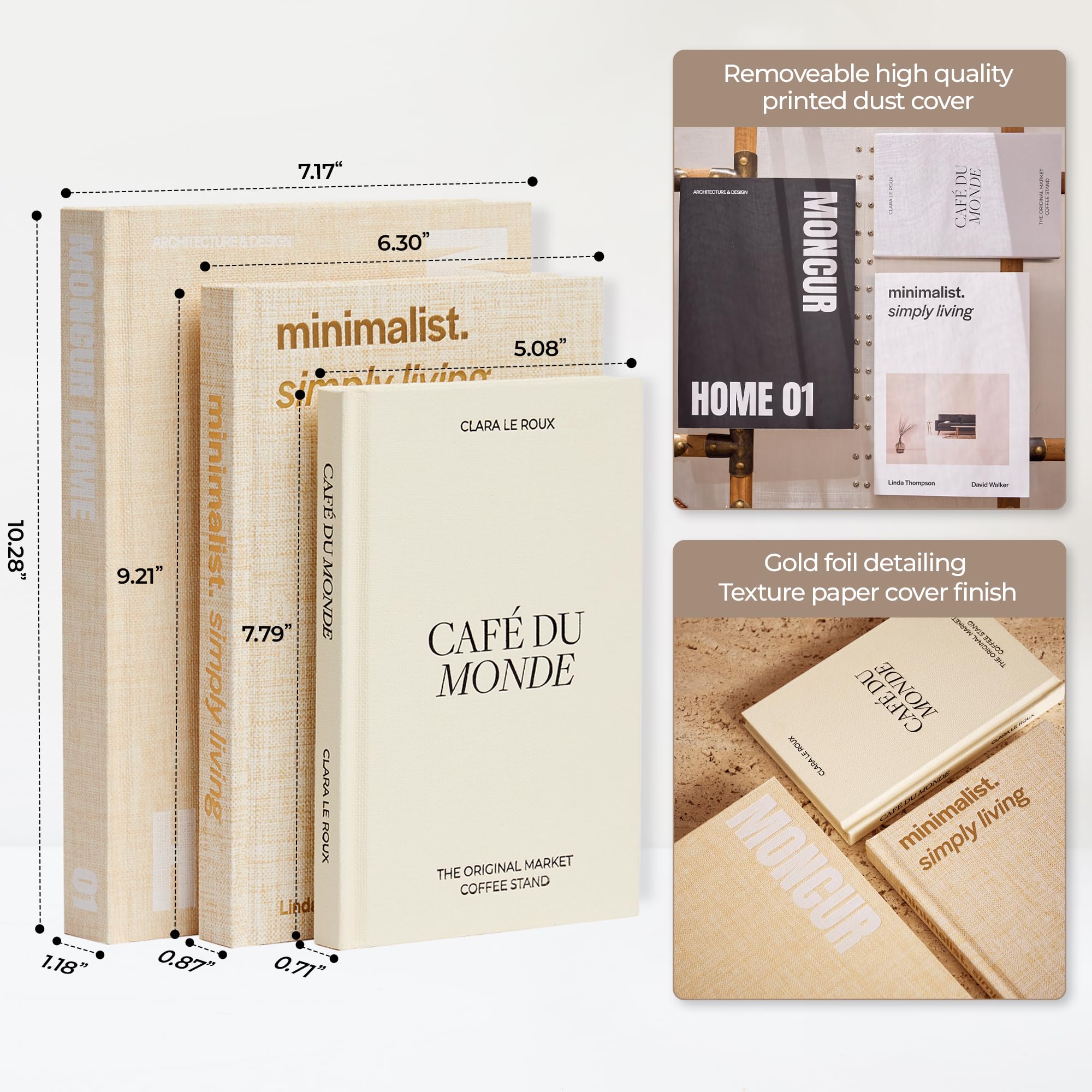 MONCUR HOME Fake Books for Decoration Set of 3 Coffee Table Books Neutral Home Decor Black & White Decor Books Coffee Table Decor Removable Covers Real Blank Pages Modern Home Decor Aesthetic