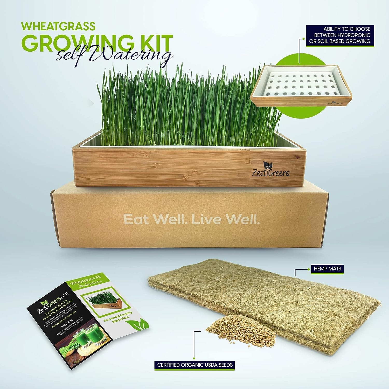 Organic Wheatgrass Growing Kit, Self Watering, with Soilless Grow Mats and Organic Wheatgrass Self Watering Kit Refill Mats & Seeds for 5 Crops (Refill Kits)
