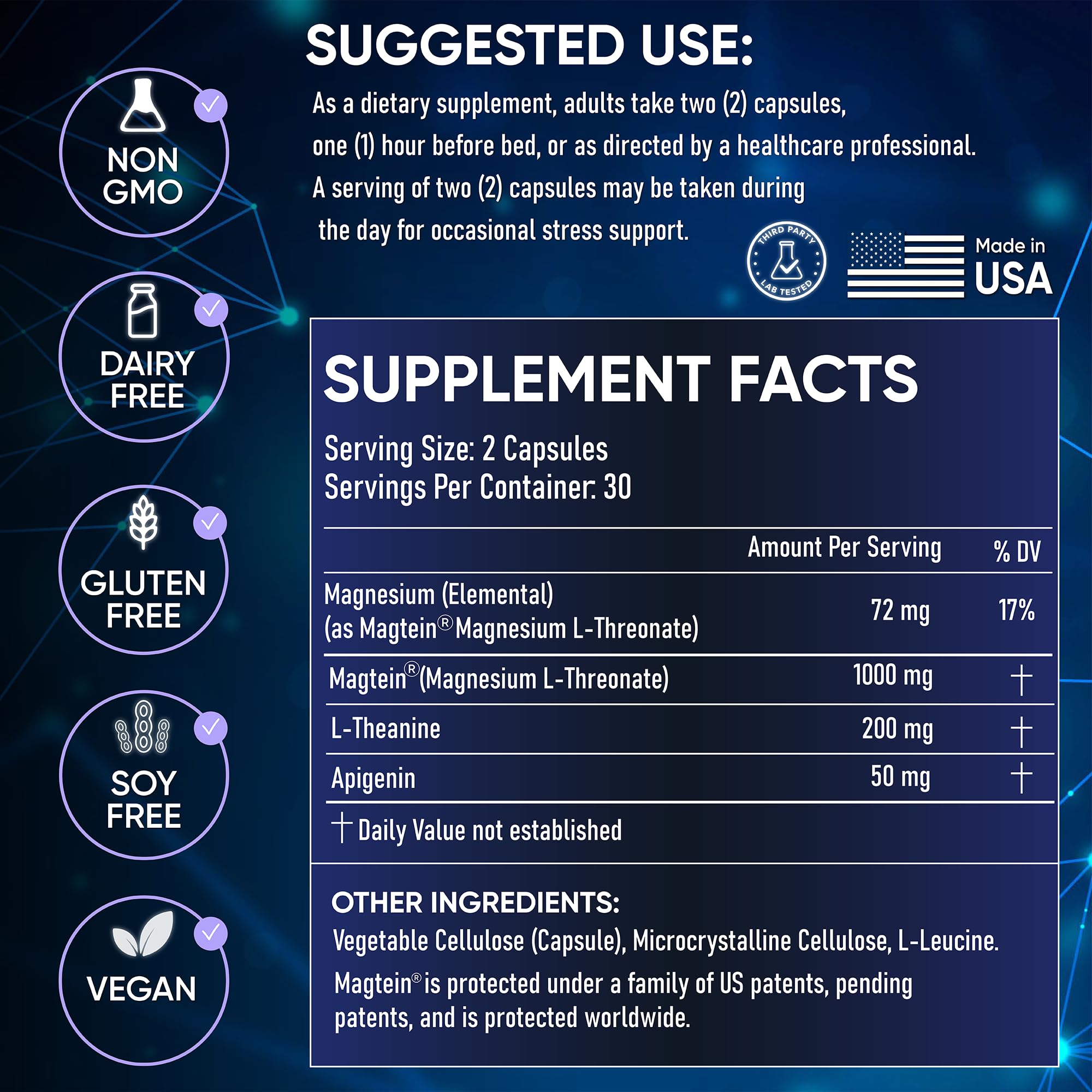 Clinically Studied โ Premium High Absorption Magnesium Sleep Supplement โ Magnesium L-Threonate L-Theanine Apigenin โ Sleep & Stress Support โ Third Party Tested โ Made in USA โ Gluten Free