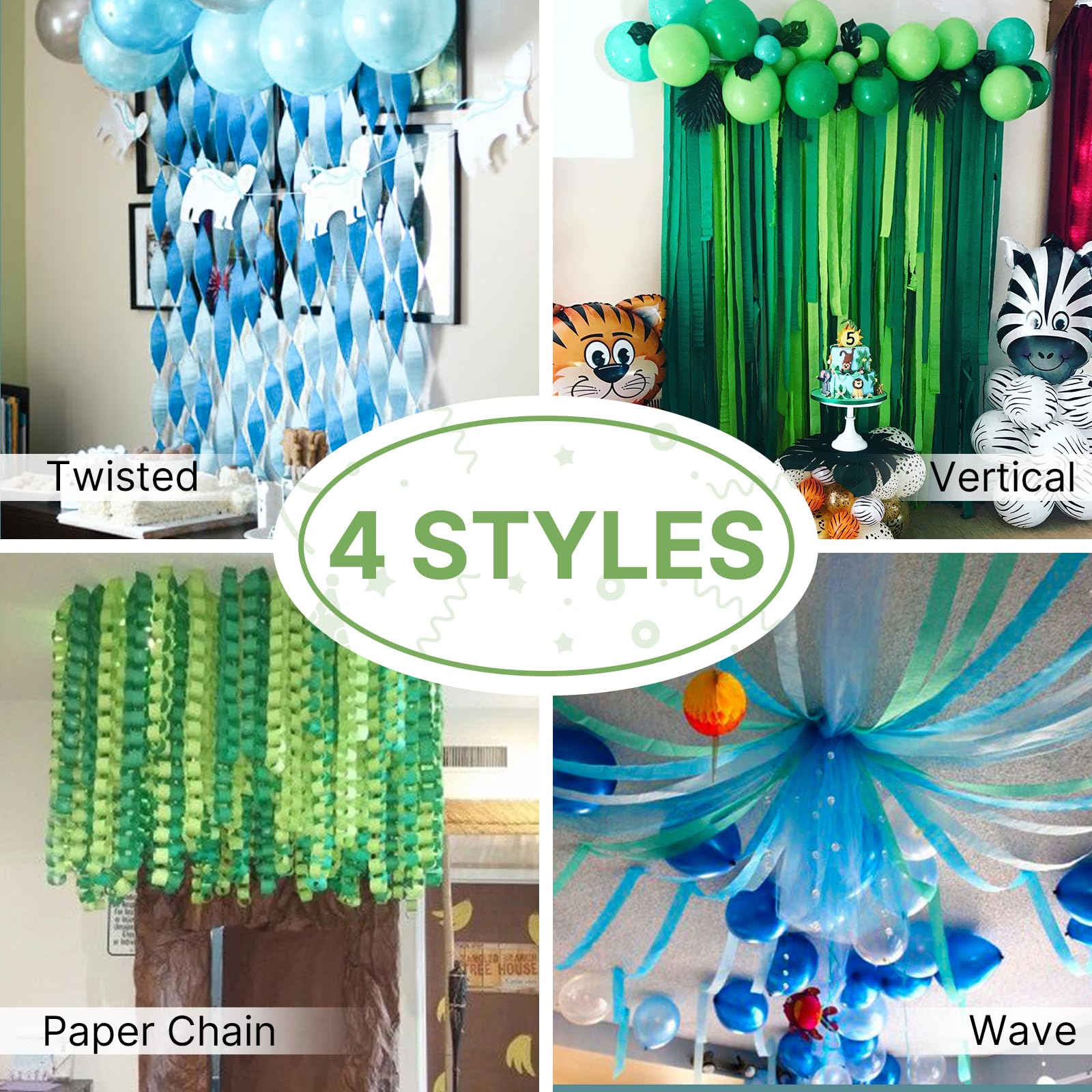 PartyWoo Extra Large Crepe Paper Streamers 3 Rolls 393ft, Pack of Turquoise Mint Light Green Paper Party Streamers, Crepe Paper for Party Decorations, Baby Shower Decorations (1.8 Inch x 131Ft/Roll)