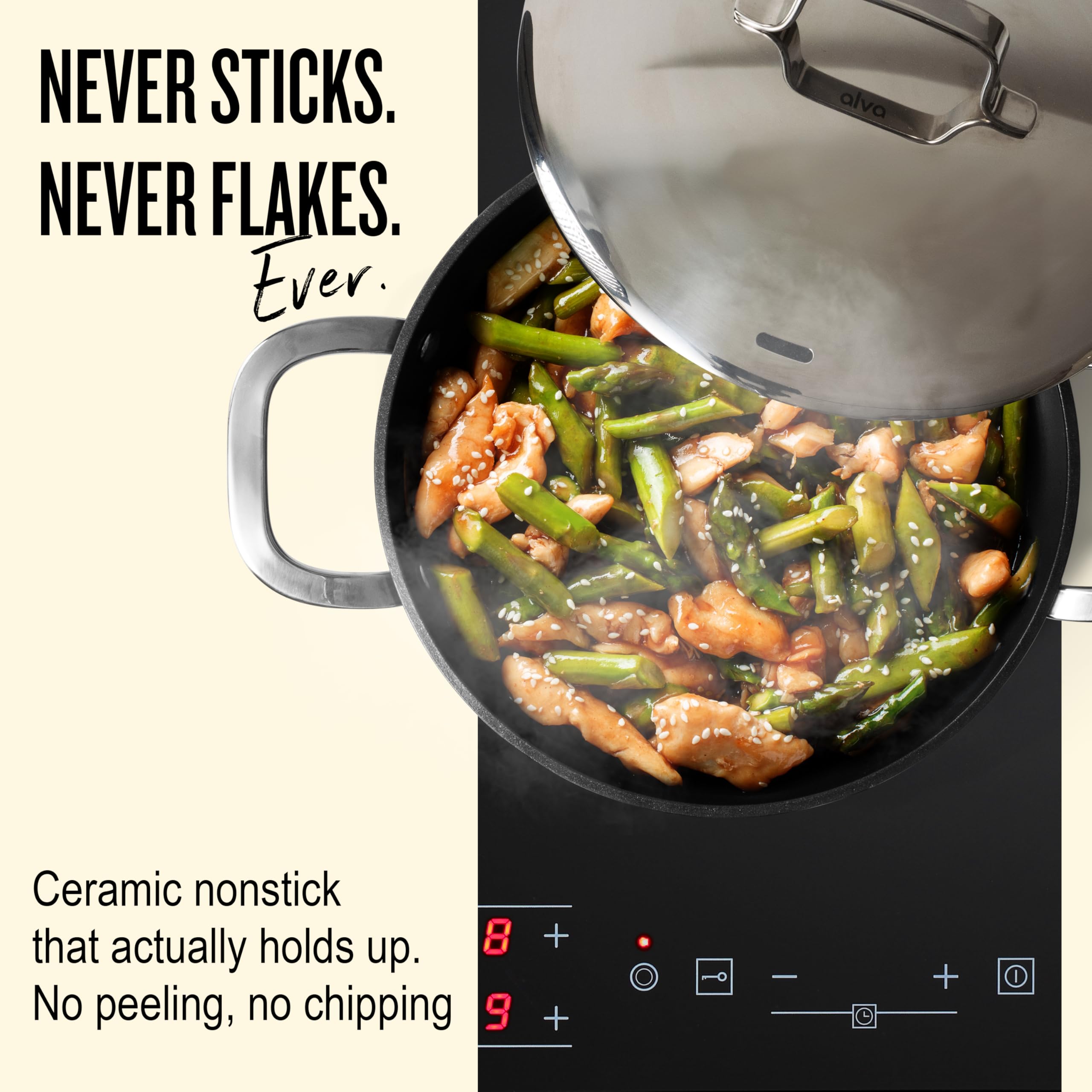 Alva Maestro Nonstick Ceramic Saute Pan with Lid 3.5Qt. - Oven Safe and Made without PFAS, PFOA & PTFE - Induction and All Stovetop Compatible with Even Heat Distribution