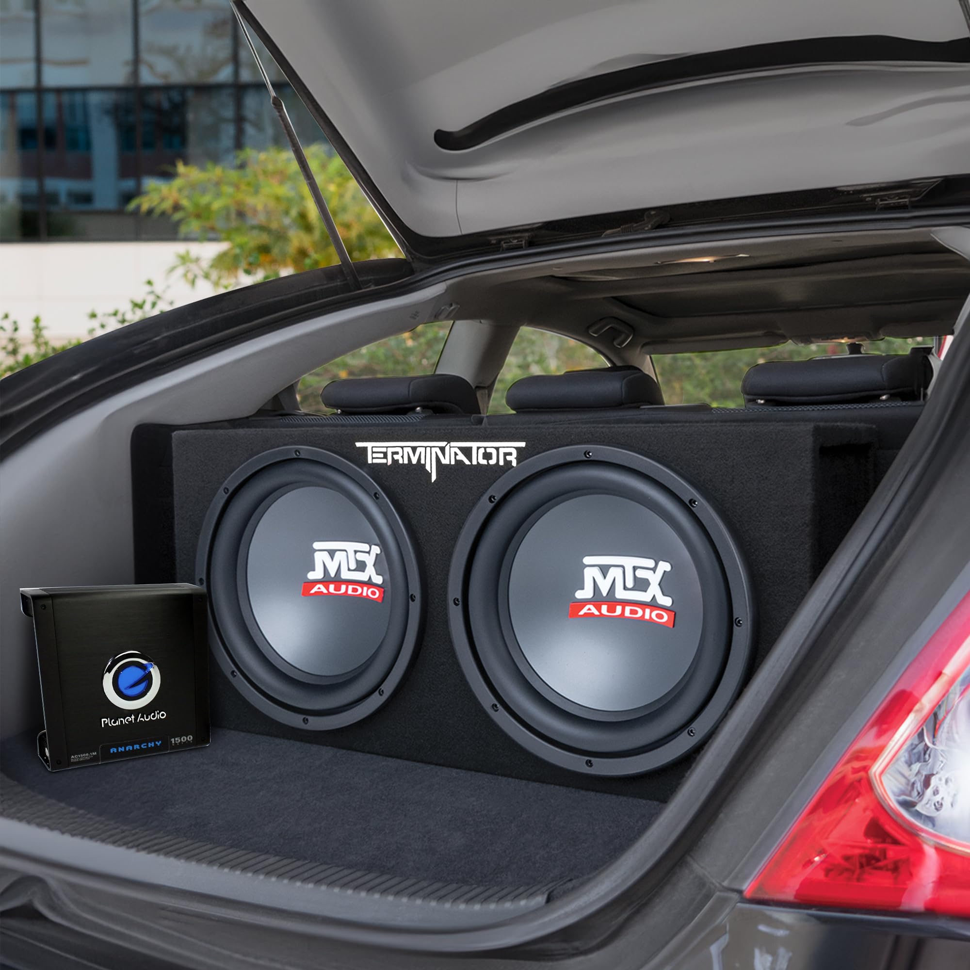 MTX 12 Inch Subwoofer Enclosure, Planet Audio 1500 Watt Amp, and Soundstorm 8GA Wiring Kit