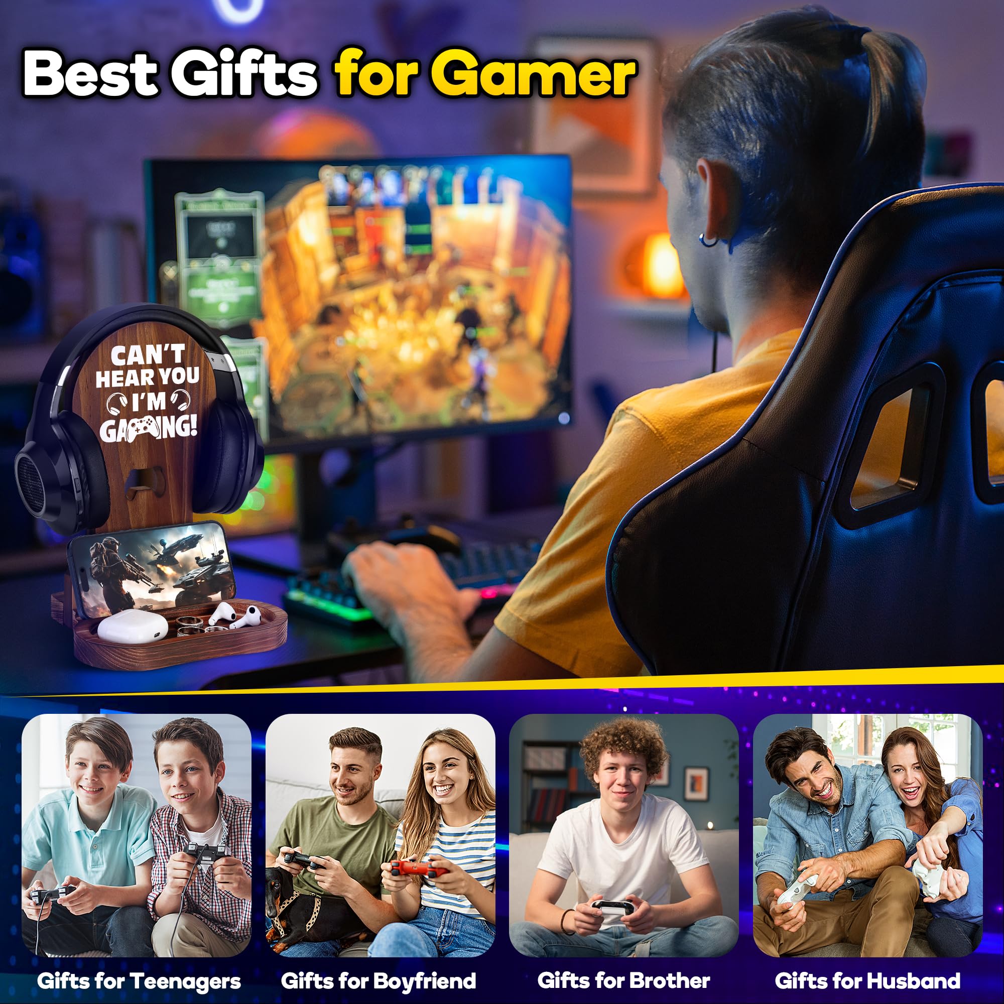 Slothoem-Gamer Gifts for Teenage Boy, Gamer Room Decor for Man, Best Gifts for Son, Boyfriend, Husband, Gaming Accessories, Wooden Gaming Headset Stand for Gaming Desktop- Can't Hear You I'm Gaming
