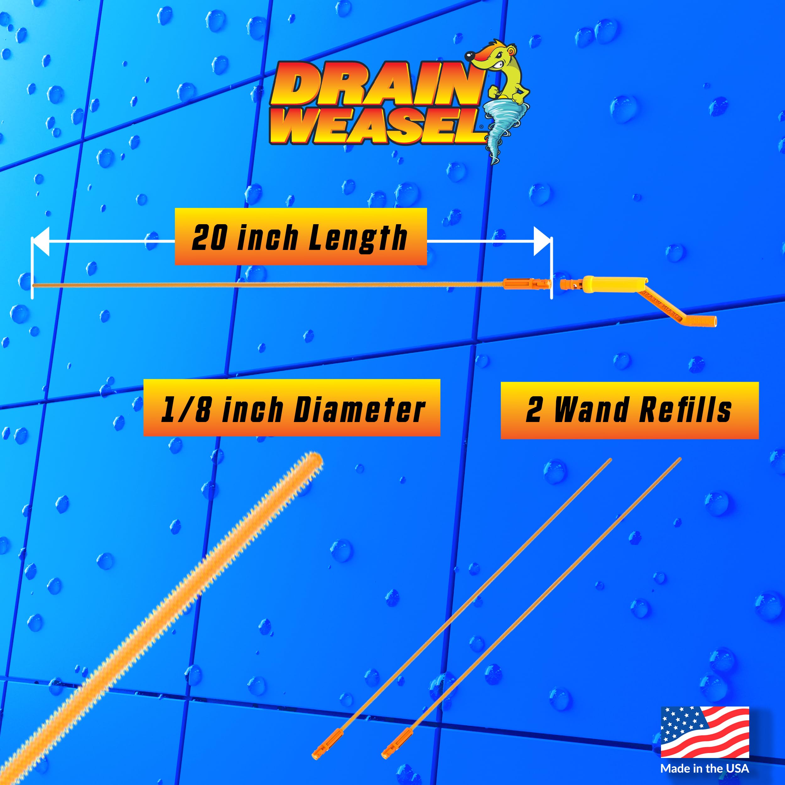 FlexiSnake Drain Weasel MAX Drain Hair Clog Remover Tool with Rotating Handle and 2 Wand Refills, Made in the USA, 20 inch