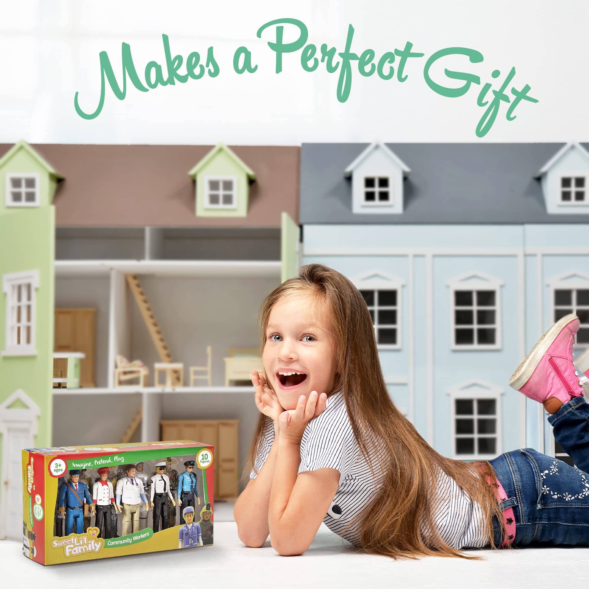 Beverly Hills Doll Collection Sweet Li’l Family Dollhouse Figures - Firefighter, Police Officer, Doctor and More, Set of 10 Action Figure People Doll House Set, Pretend Play for Kids and Toddlers