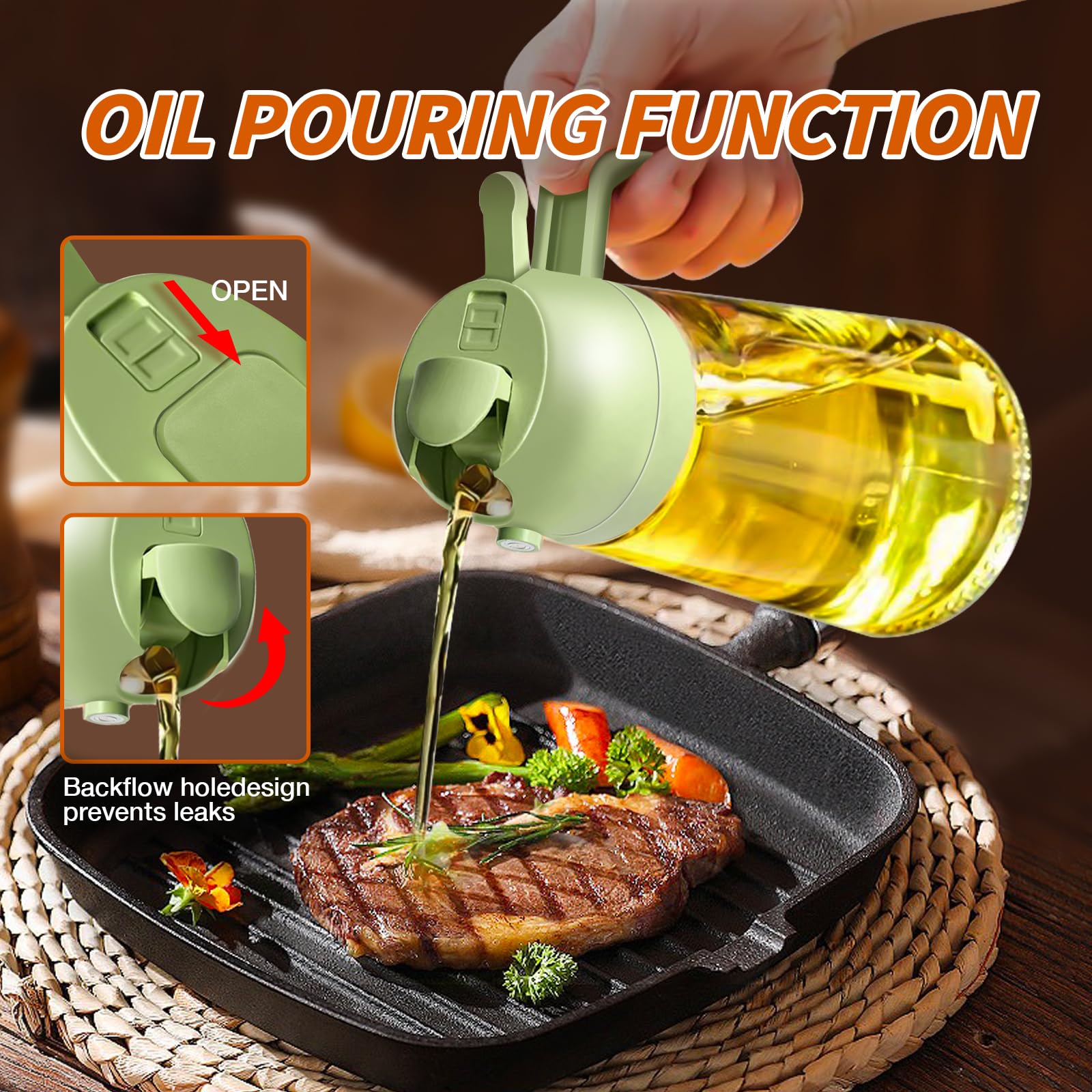 YARRAMATE Olive Oil Dispenser Bottle for Kitchen,2 in 1 Oil Sprayer for Cooking, 16oz/470ml Glass Oil Spray Bottle with Pourer, Food-grade Oil Mister for Air Fryer, Salad, Frying, BBQ (Green)