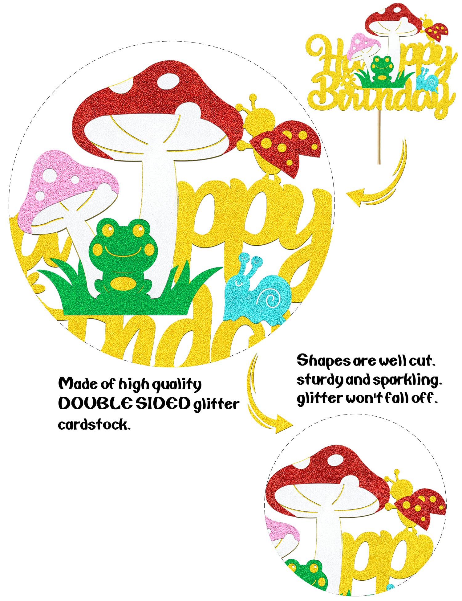 Mushroom Cake Topper Mushroom Birthday Cake Toppers Decorations for Girls Boys Glitter Gold Mushroom Ladybug Frog Happy Birthday Decorations Theme Party Supplies