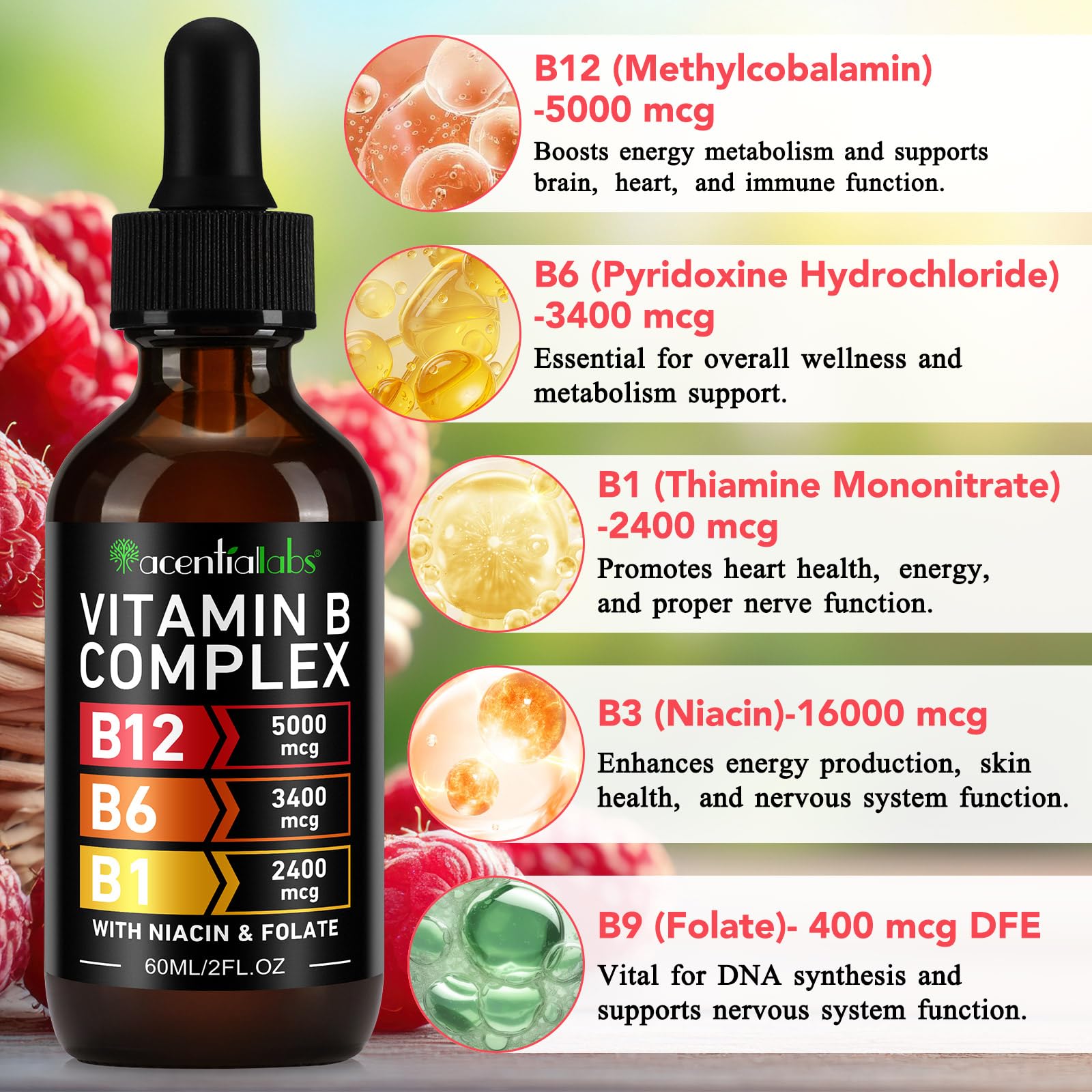 Organic Vitamin B Complex,Vitamin b Complex for Women, Vitamin B Complex Liquid, Vitamin B12 Methylcobalamin,Vitamin b6,B1,B9 for Metabolic Health Support, Vegan, Non-GMO, Gluten Free