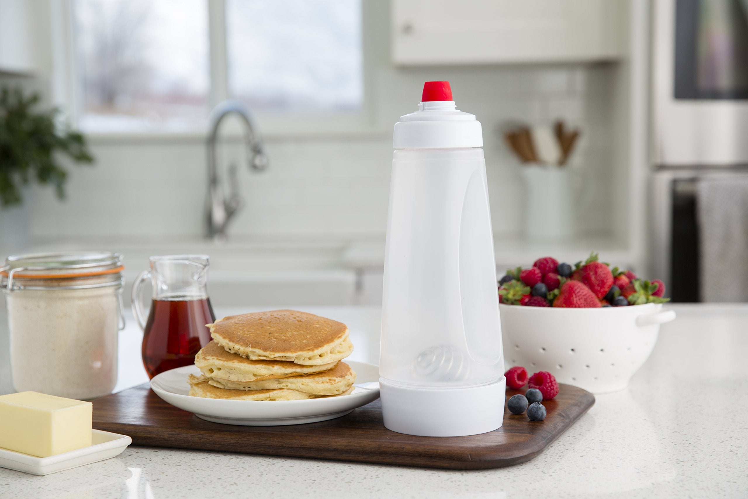 Whiskware Pancake Bottle, Batter Dispenser and Mixer with BlenderBall Wire Whisk for Cupcakes, Muffins, Crepes, Breakfast Art, and More, White
