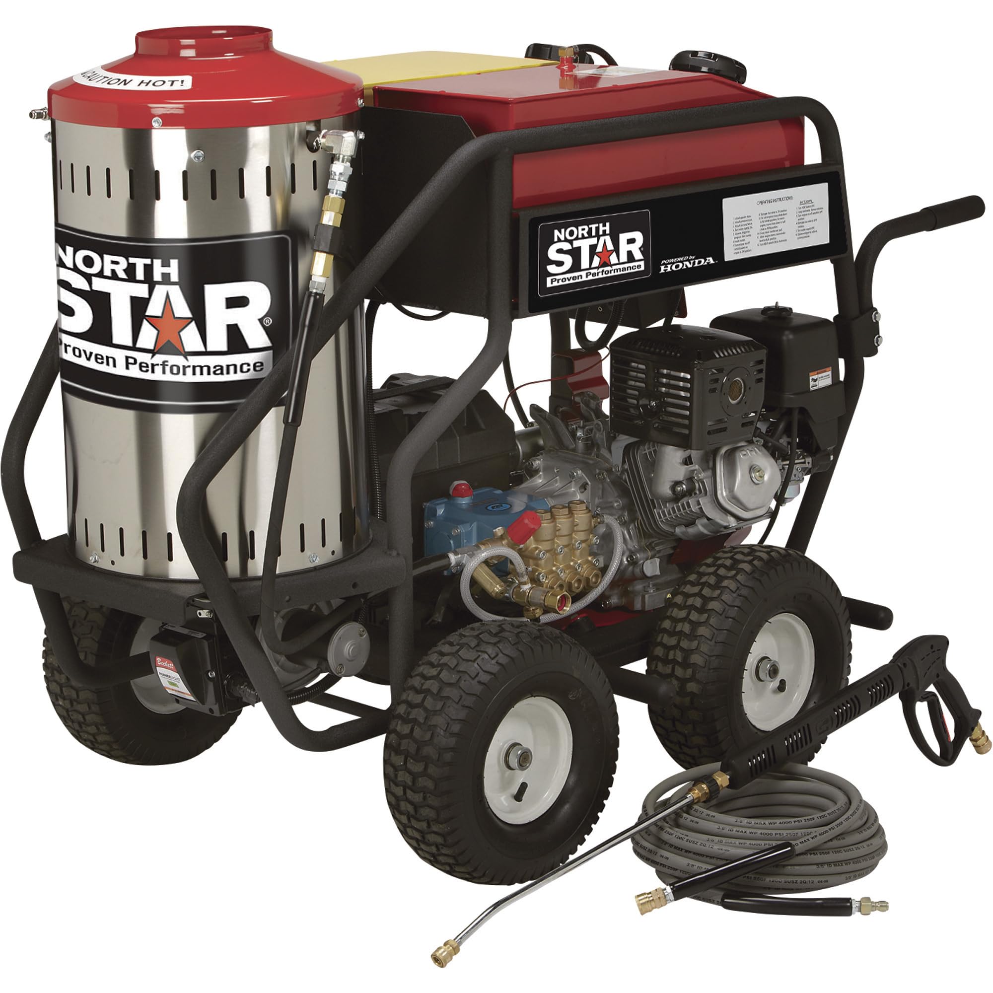 North Star Hot Water & Wet Steam Pressure Washer with Power Nozzles, Lance, Washing Gun, and Hose - Gas Powered, 3000 PSI, 4 GPM, Electric Start Honda Engine