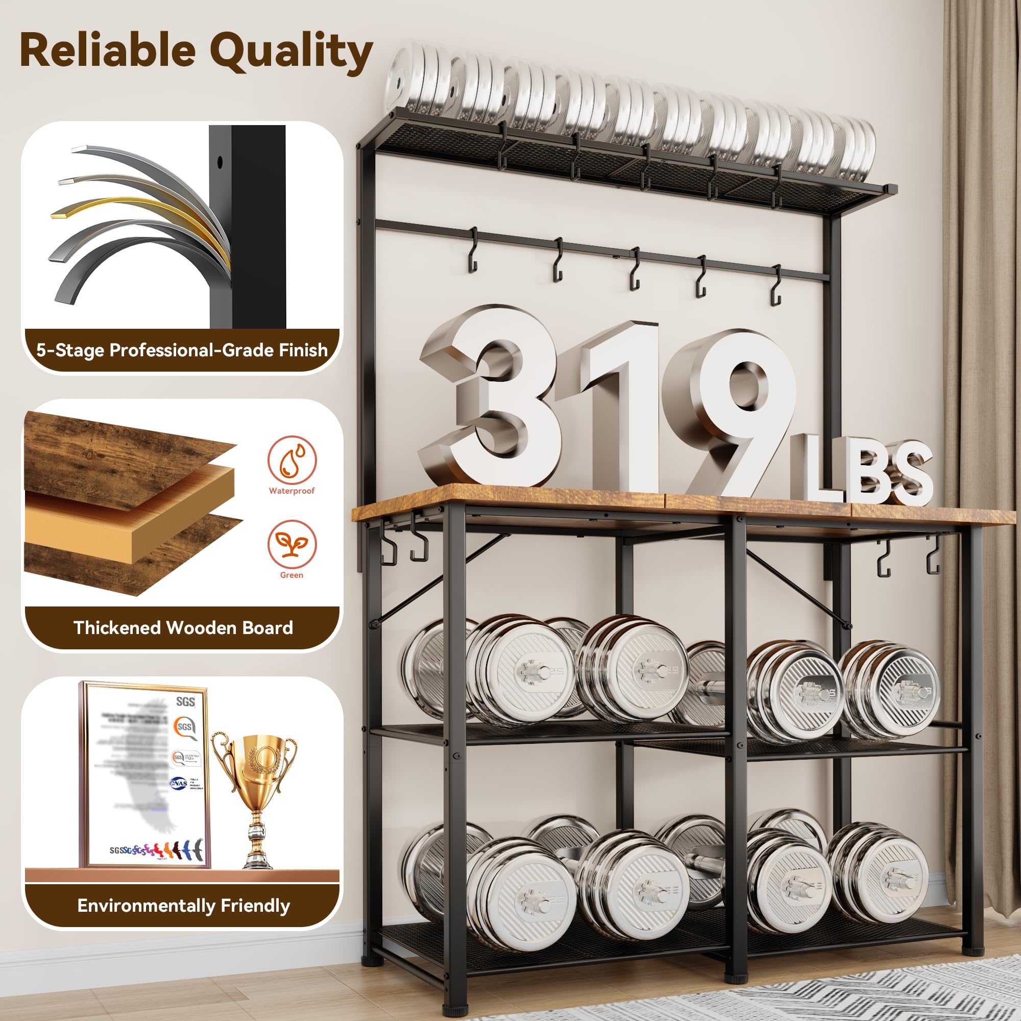 YASONIC Coffee Bar, Bakers Rack with Storage, 34.3 Inches Microwave Stand, 4 Tier Kitchen Shelves Appliance Storage, 14 S Hooks Large Coffee Station for Spices, Pots and Pans, Rustic Brown