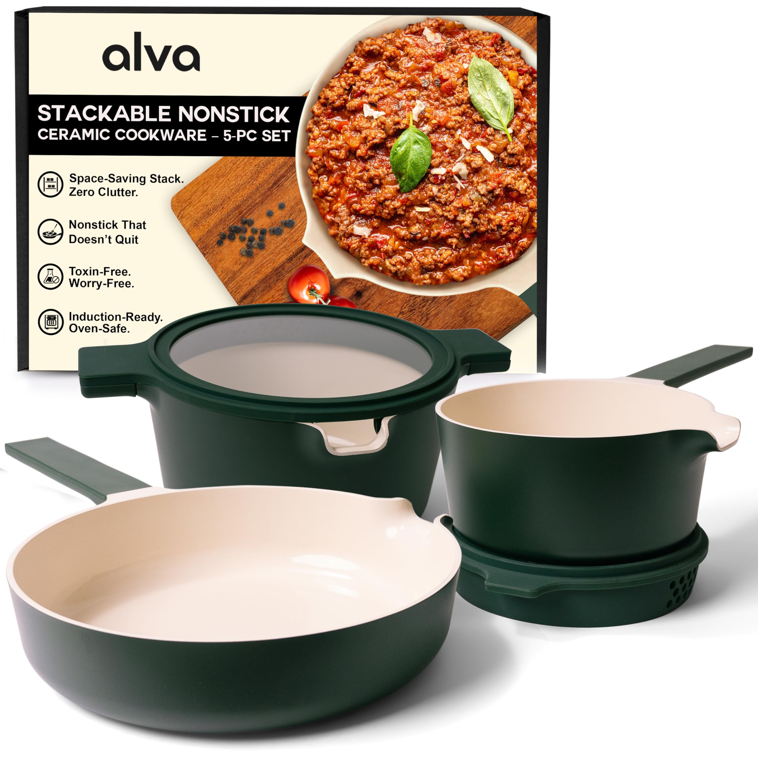Alva Neat 5-Piece Nested Nonstick Ceramic Cookware Set - Made without PFAS, PFOA & PTFE – Induction & All Stovetop Compatible, Oven Safe, Easy to Clean – Space-Saving Design, Green