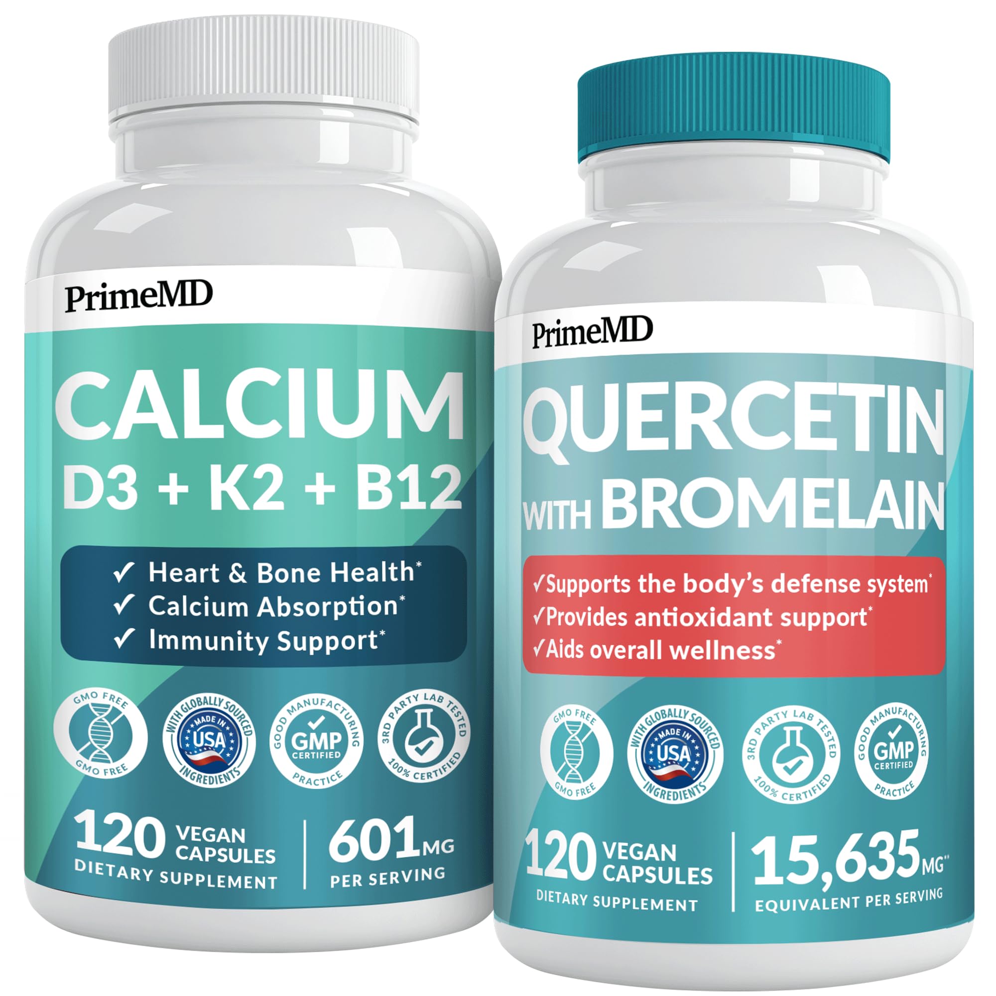 PrimeMD 4-in-1 Calcium Supplements for Women & Men or Heart, Bone & Body Defenses (120 ct) & 28-in-1 Quercetin with Bromelain Supplement - Quercetin 500mg Capsules for Immune Defense Support (120 ct)
