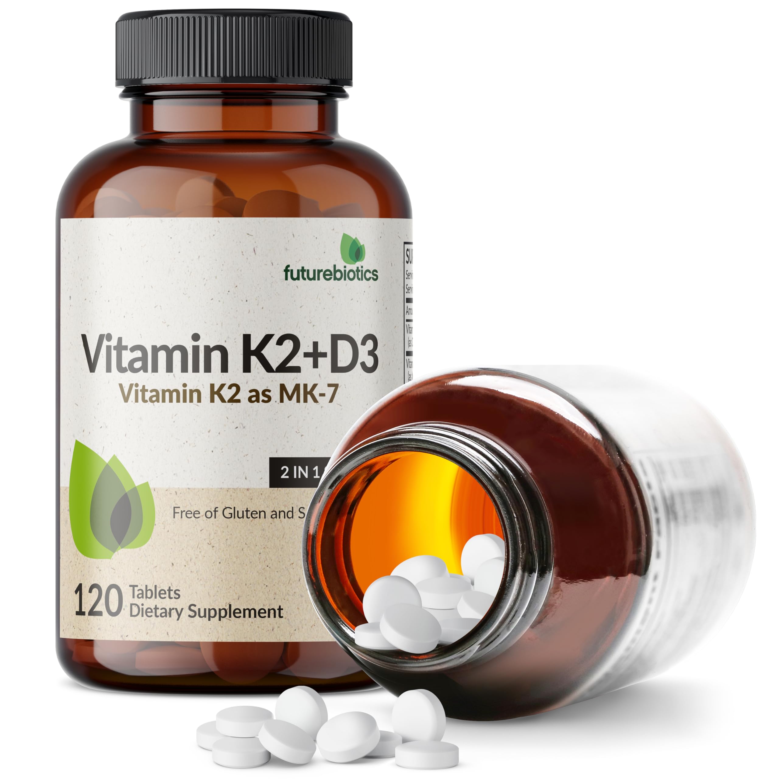 Futurebiotics Vitamin K2 with D3, 2 in 1 Support, 5000 IU Vitamin D3 & 90 mcg Vitamin K2 MK-7 Non-GMO, 120 Tablets