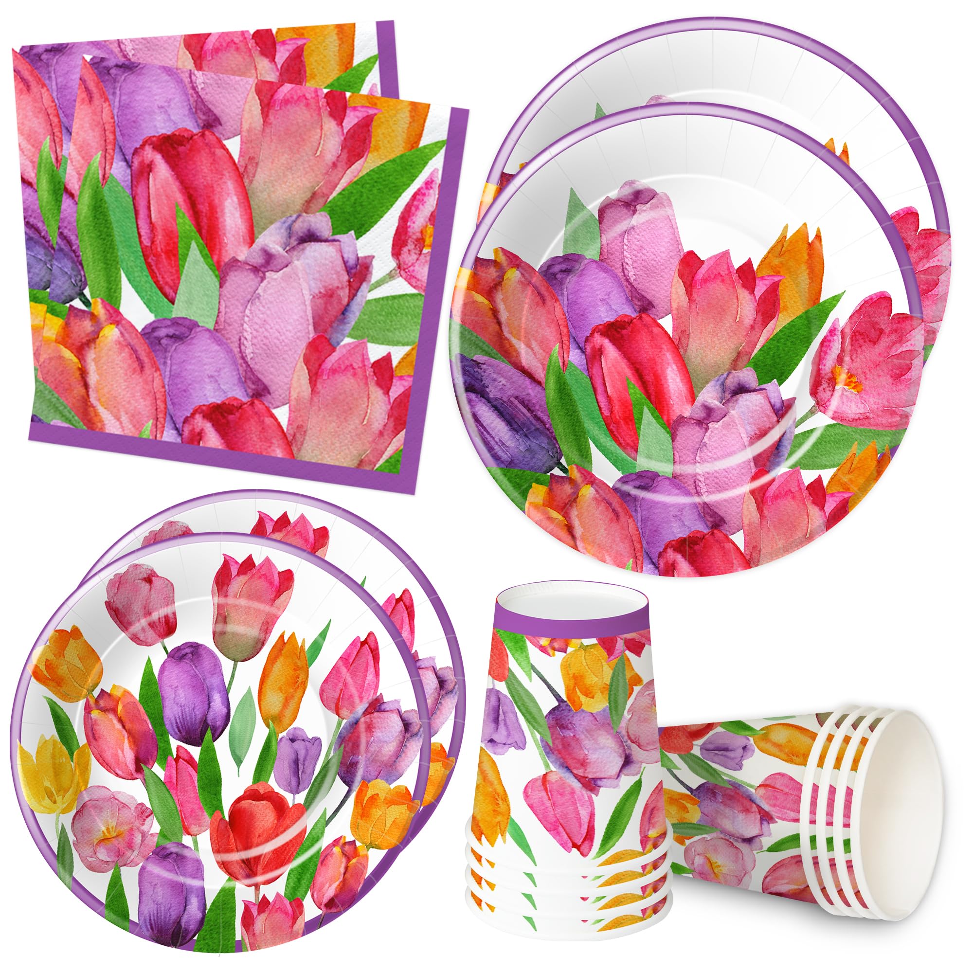 APOWBLS Tulip Floral Plates And Napkins Party Supplies, Tulip Flower Party Decorations Tableware, Plate, Cup, Napkin, Spring Summer Tulip Party Supplies For Birthday Baby Shower Tea Party | Serve 24