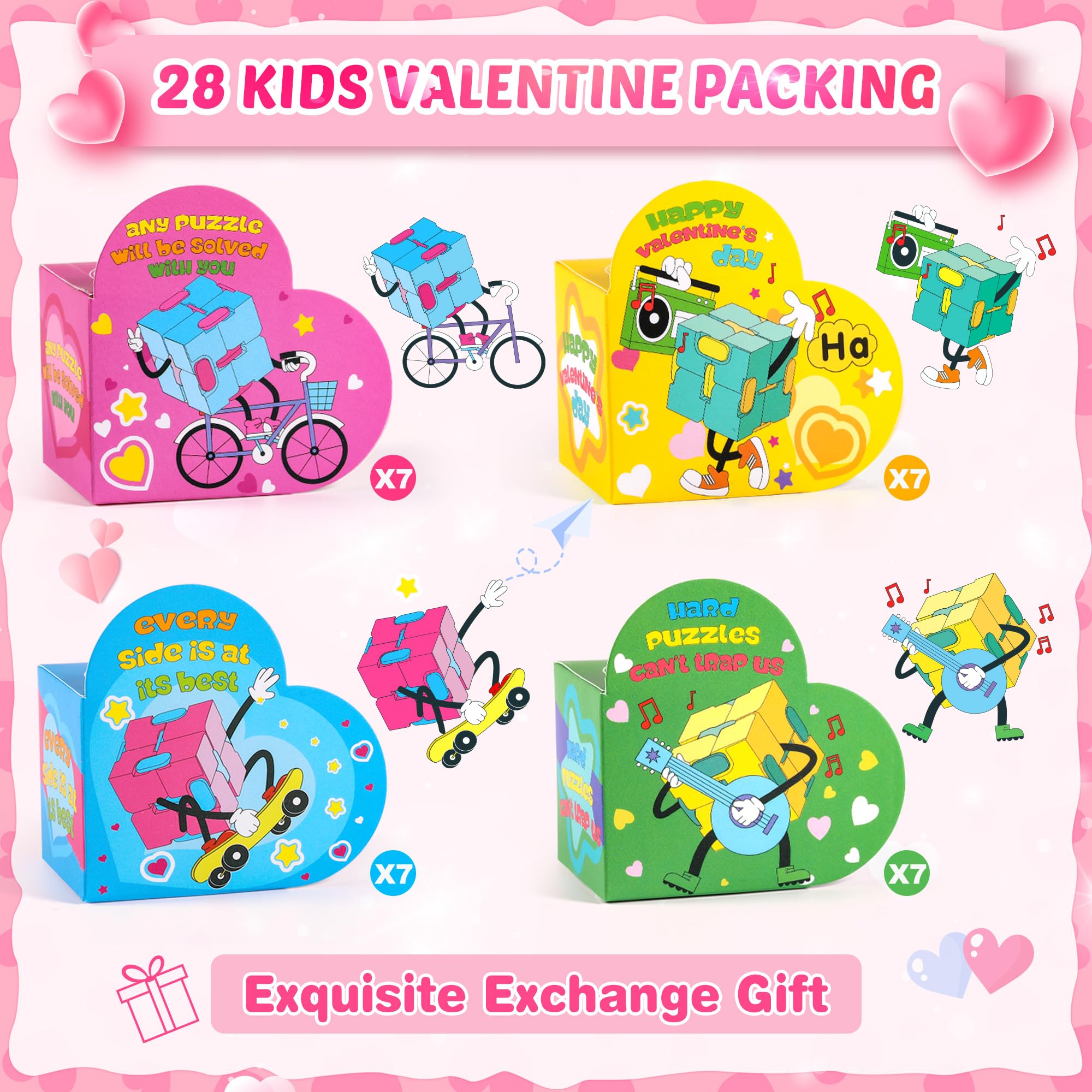 Loscola 28 Packs Valentines Day Gifts for Kids Classroom, Fidget Cube Toy with Valentines Boxes for Kids, Kids Valentines Day Cards, Valentines Cards for Kids Classroom Exchange Gift Valentines Prizes