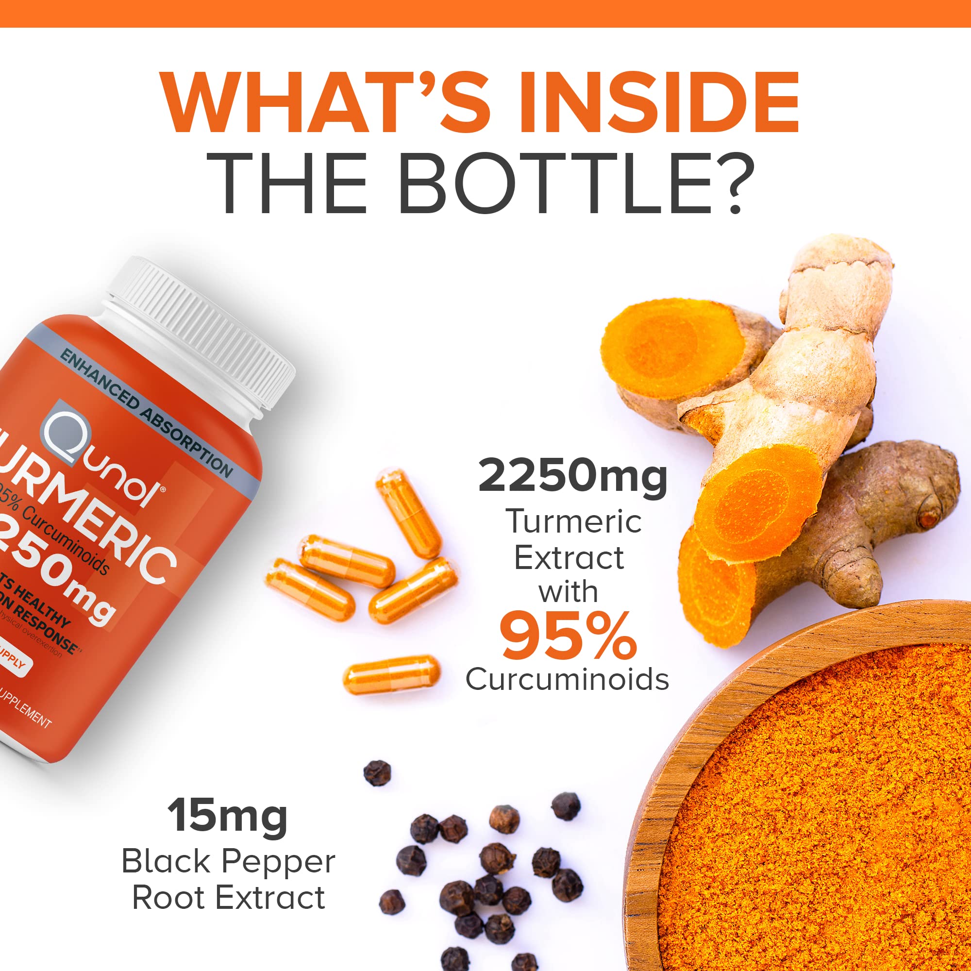 Qunol Turmeric Curcumin with Black Pepper, 2250mg Turmeric Extract with 95% Curcuminoids, Extra Strength Turmeric Supplement, Enhanced Absorption, Joint Support Supplement, 150 Vegetarian Capsules