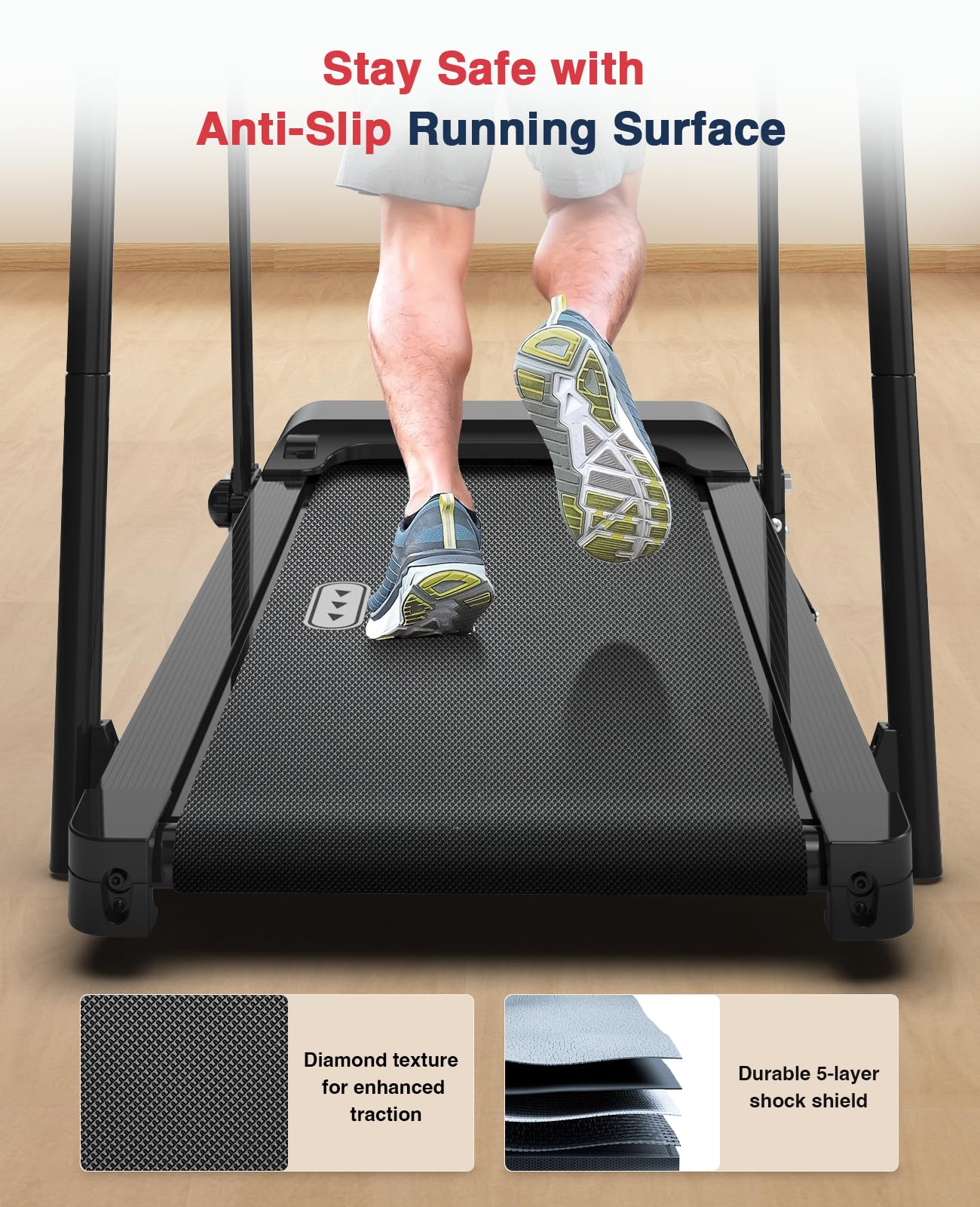 Redliro Treadmill for Seniors with Long Handrails - 300 lbs Capacity Walking Treadmill for Elderly - Recovery Machine for Home Use with Clear, Non-Scrolling Display (Black)