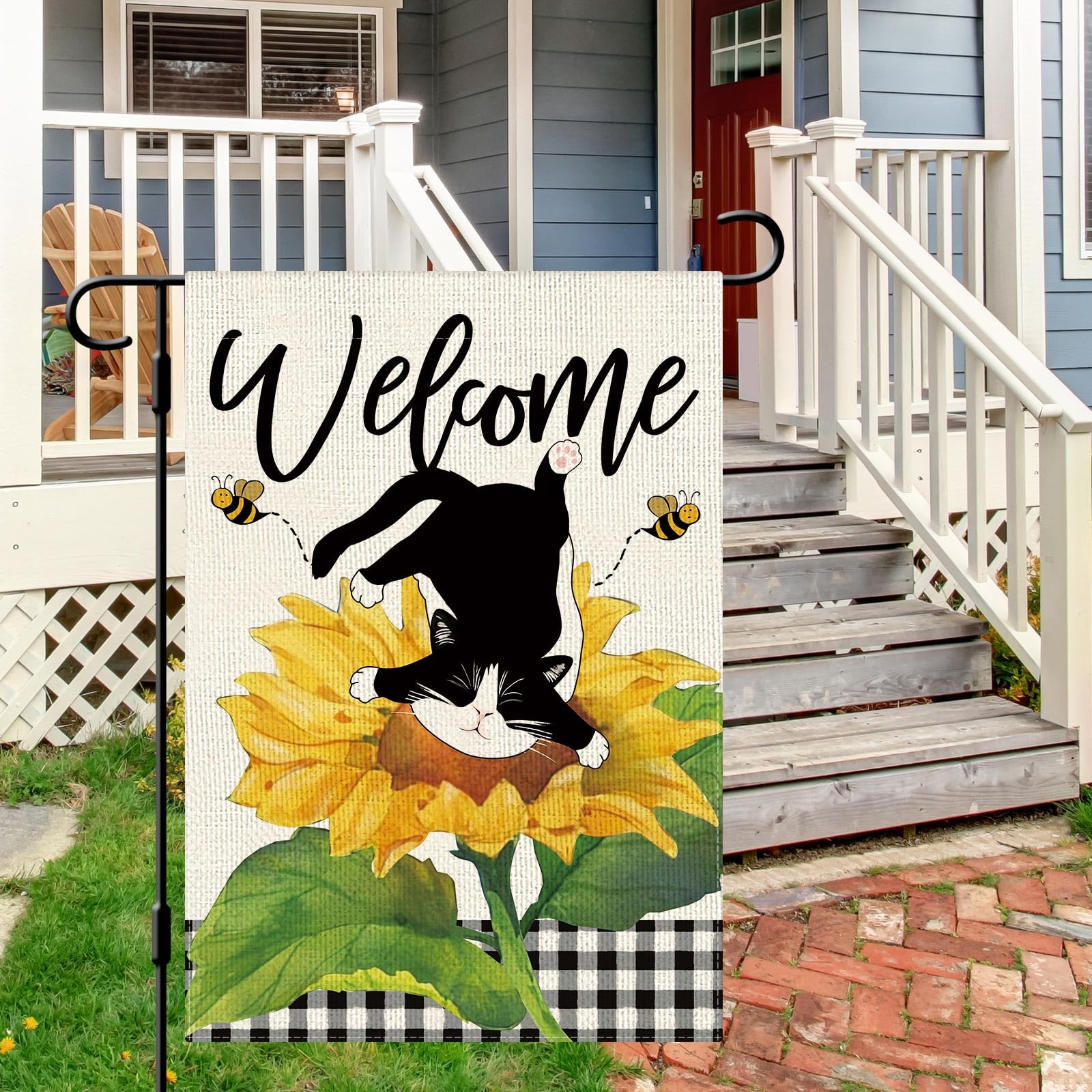 DLZDN Summer Sunflower Cat Garden Flag Funny Tuxedo Cat Garden Flags 12×18 Inch Double Sided Buffalo Plaid Farmhouse Welcome Yard Flag Spring Summer Seasonal Outdoor Decor