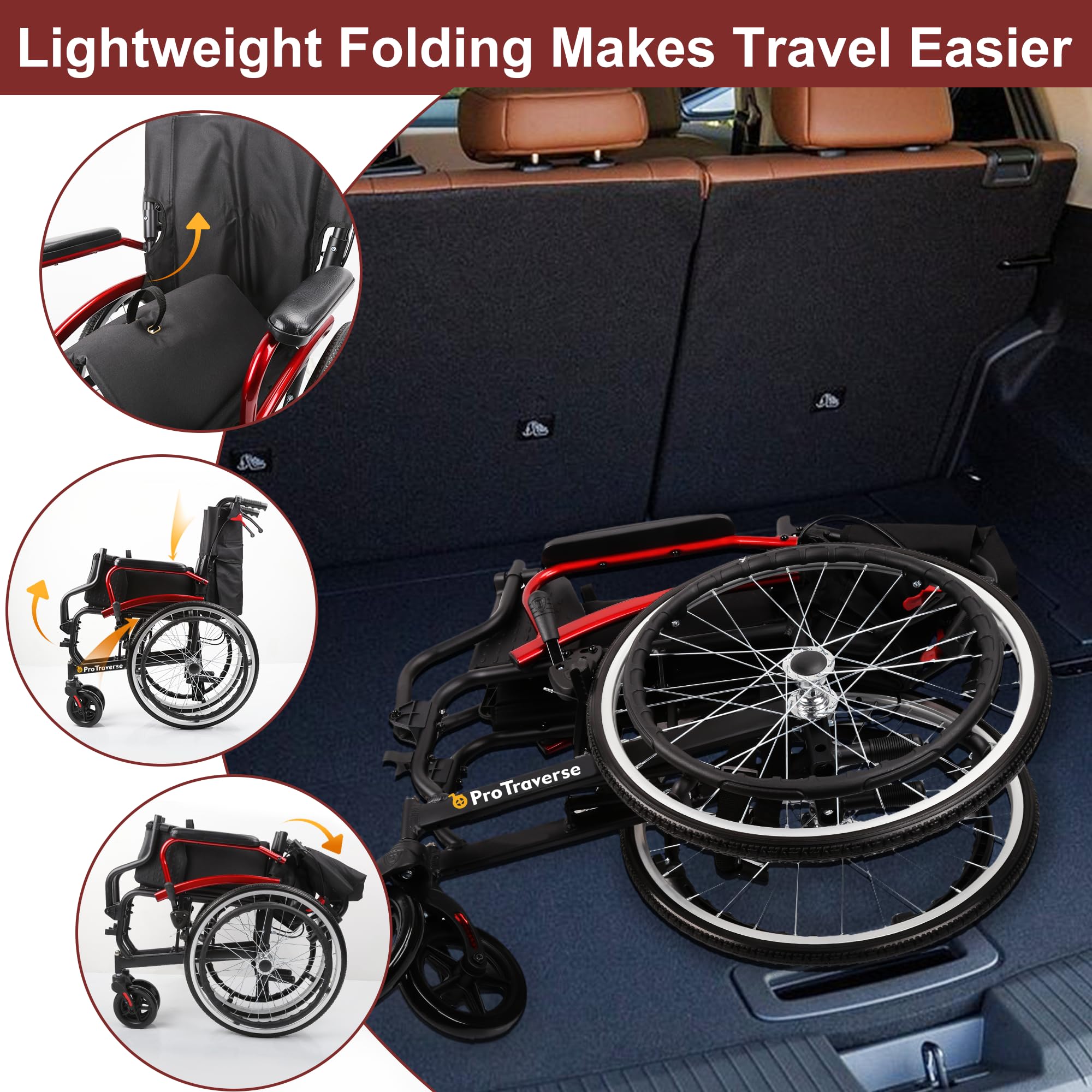 ProTraverse Wheelchairs for Adults,self-propelled Transport Chair,Foldable and Portable Travel Wheelchair with Swing-Away Footrests,Lightweight Transfer Wheelchairs for Adults adnd Seniors(Red)