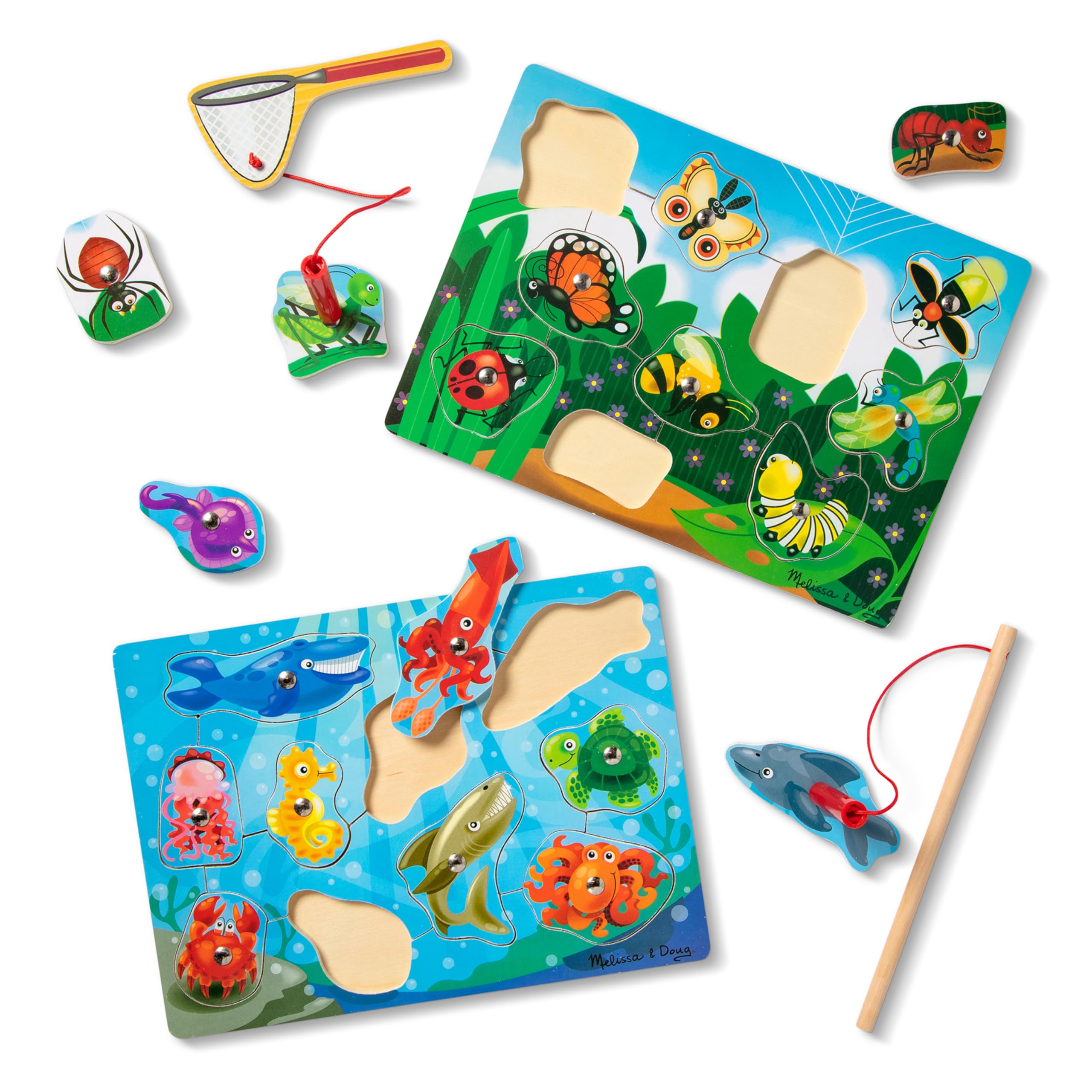 Melissa & Doug Magnetic Wooden Puzzle Game Set: Fishing and Bug Catching - Magnetic Games, Chunky Animal Puzzles For Toddlers And Kids Ages 3+