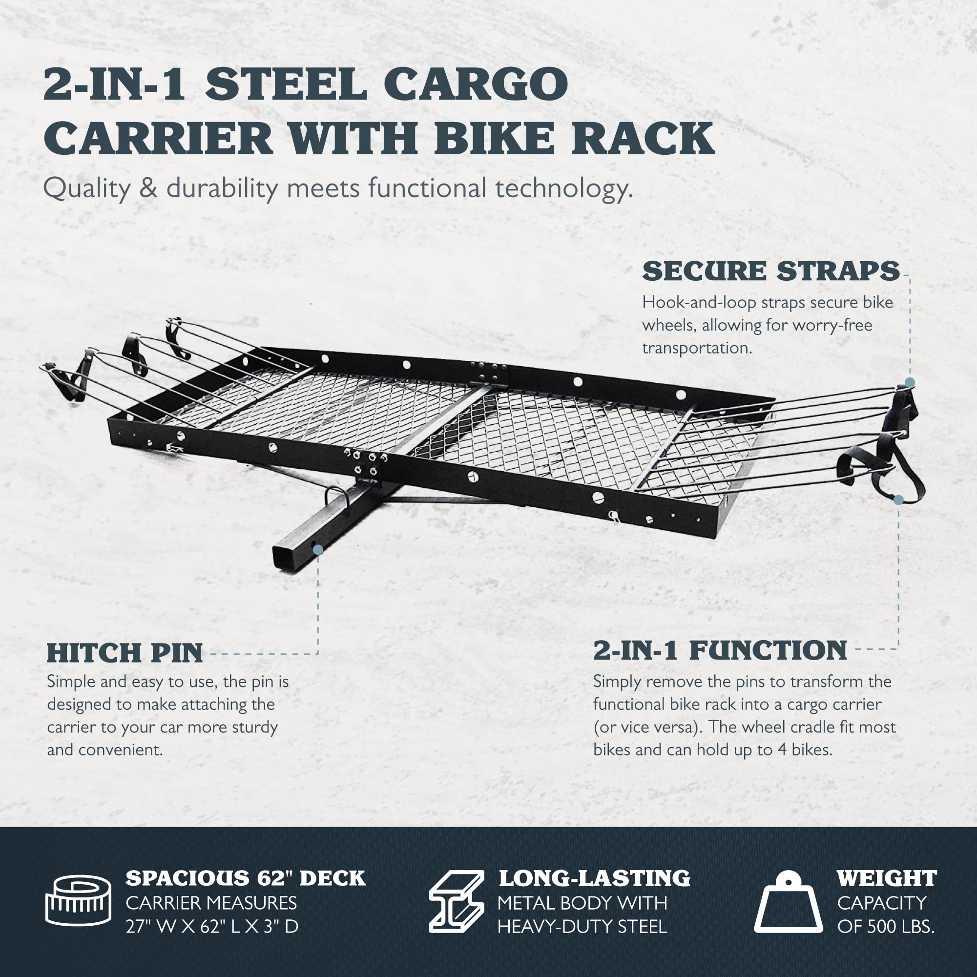 Tow Tuff Steel Cargo Carrier w/ 4-Bike Rack, Fits 2" Receiver, 500 lb Capacity, 27" x 62"