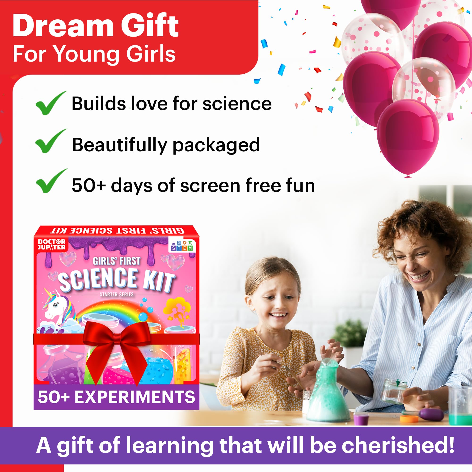 Doctor Jupiter Girls’ First Science Kit for Kids Ages 4-5-6-7-8-9-10-11-12 | Birthday Gift Ideas for 4+ Year Old Girls | STEM Learning & Educational Toys | 50+ Experiments Starter Science Series