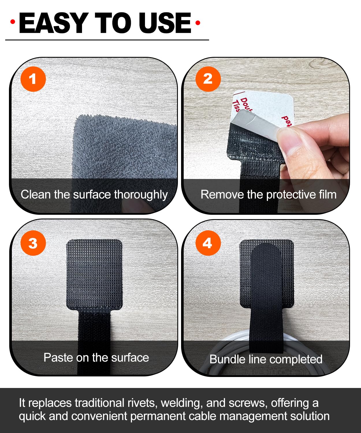 PHIXBEAR 50 Pcs Self Adhesive Cable Tie Reusable Made of 3M, Multi-Purpose Heavy Duty Hook Loop Cable Management Wire Ties for Home,Office,Kitchen,School (5.9" & 3.54", Black & White)