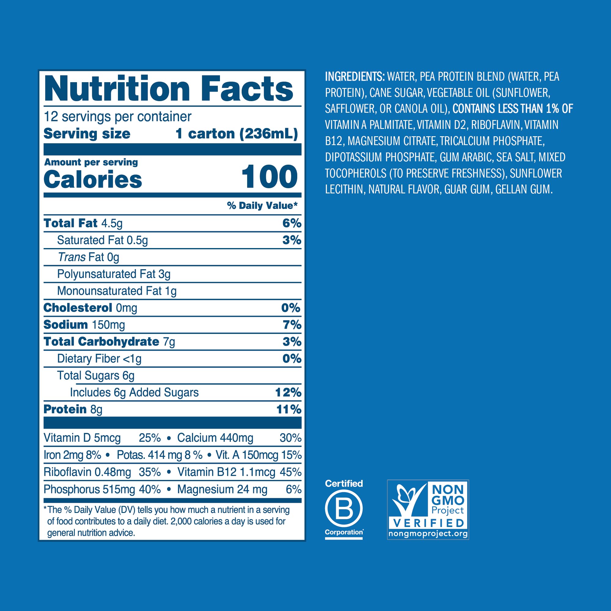 Ripple Original Plant Based Milk | 8g of Quality Sourced Pea Protein, Calcium Rich | Shelf Stable | Vegan & Non GMO Certified | Dairy, Soy, Nut, Gluten, & Lactose Free | 8 Fl Oz Cartons (Pack of 12)