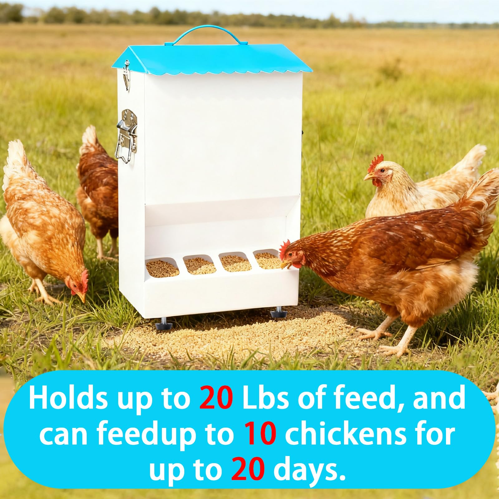 20LB Automatic Chicken Feeder with 8 Feeding Ports, No Waste Design, Height-Adjustable Legs & Secure Locking Lid for Chickens, Ducks & Poultry