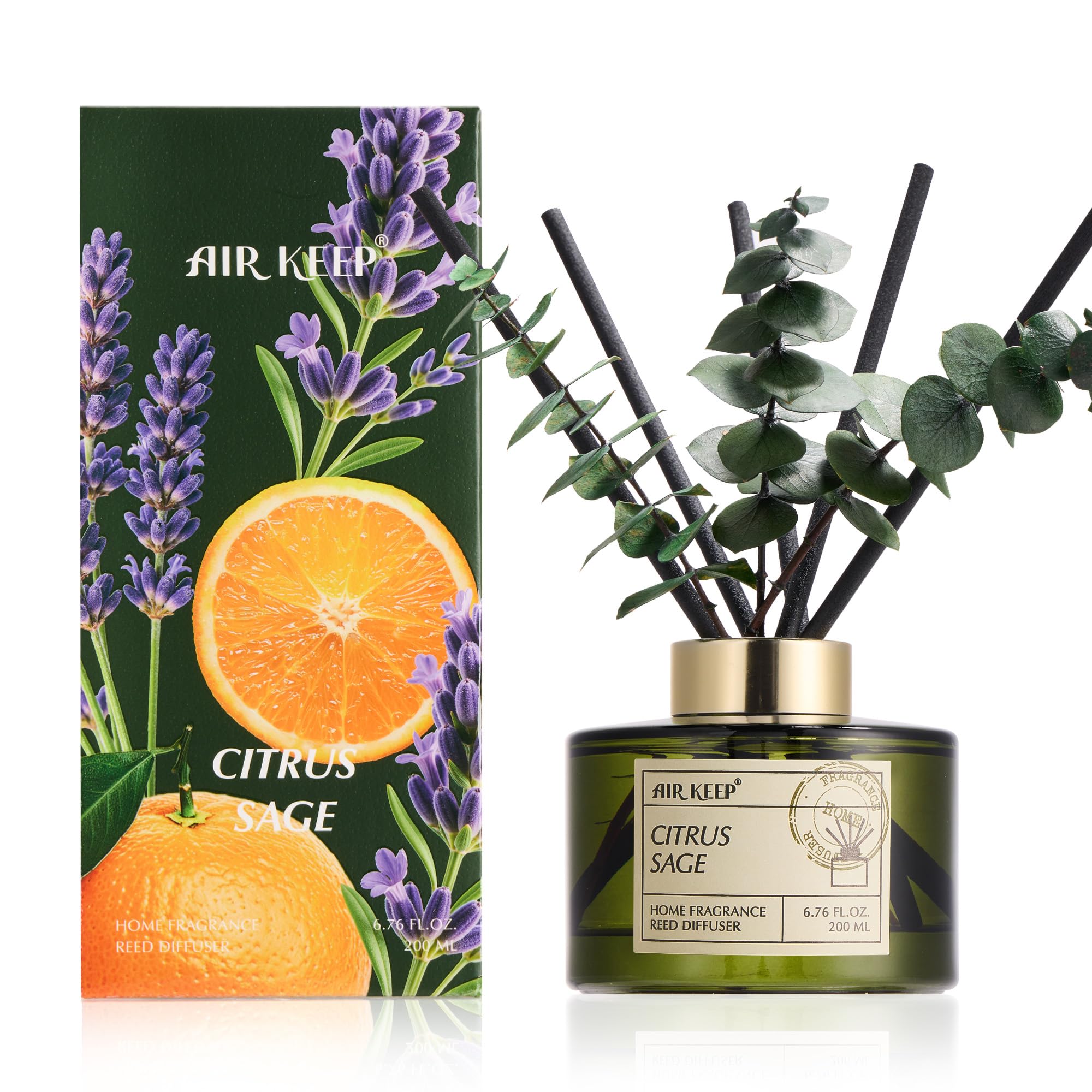 Airkeep Reed Diffuser Set with 6.76 fl oz Citrus&Sage Scent Essential Oils and 3 Leaves & 8 Diffuser Sticks,Bathroom Shelf Decor & Air Freshener, House Bedroom Office Decor & Gifts