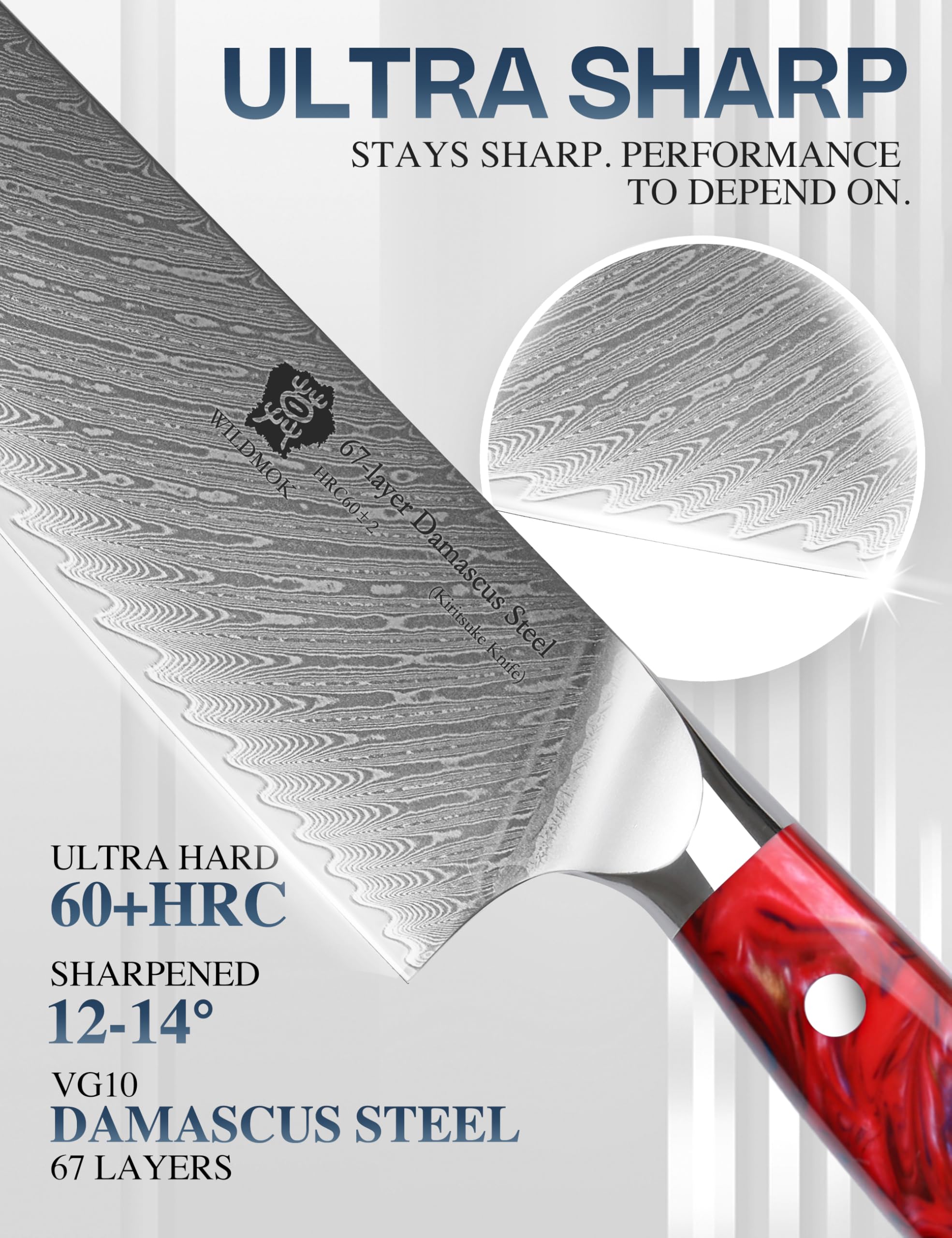 WILDMOK Kiritsuke Knife 8.5 inch, Razor Sharp Vegetable Cleaver, Japanese Chef Knife Damascus Steel, Multipurpose Professional Chef Knife, Ergonomic Resin Handle with Gift Box