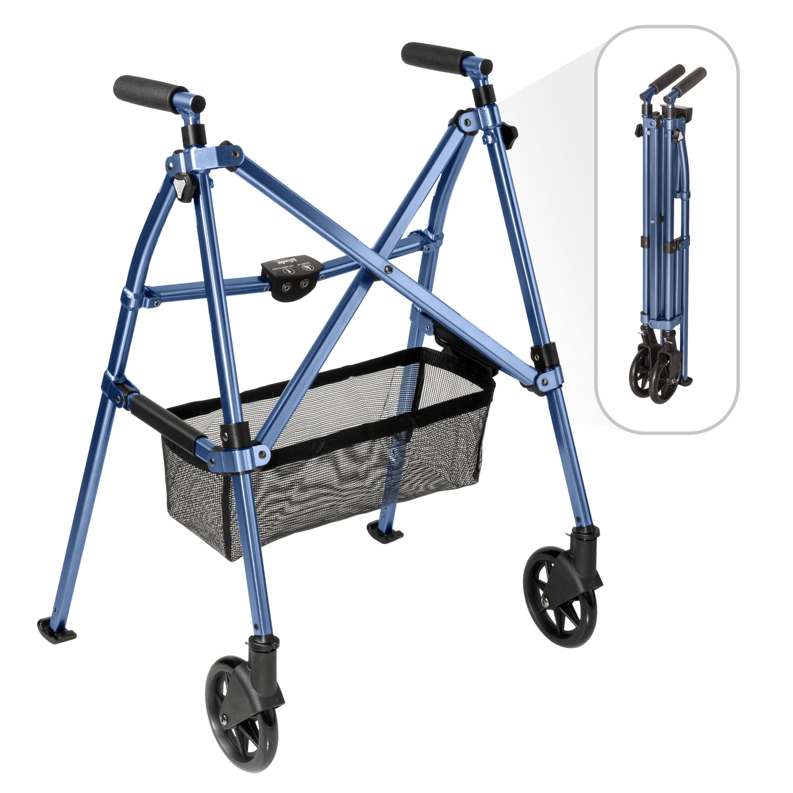 Stander Wonder Walker Plus, Lightweight Folding Mobility Aid for Adults, Seniors, and Elderly, Collapsible Travel EZ Fold-N-Go with Wheels, Glides, & Basket, Cobalt Blue