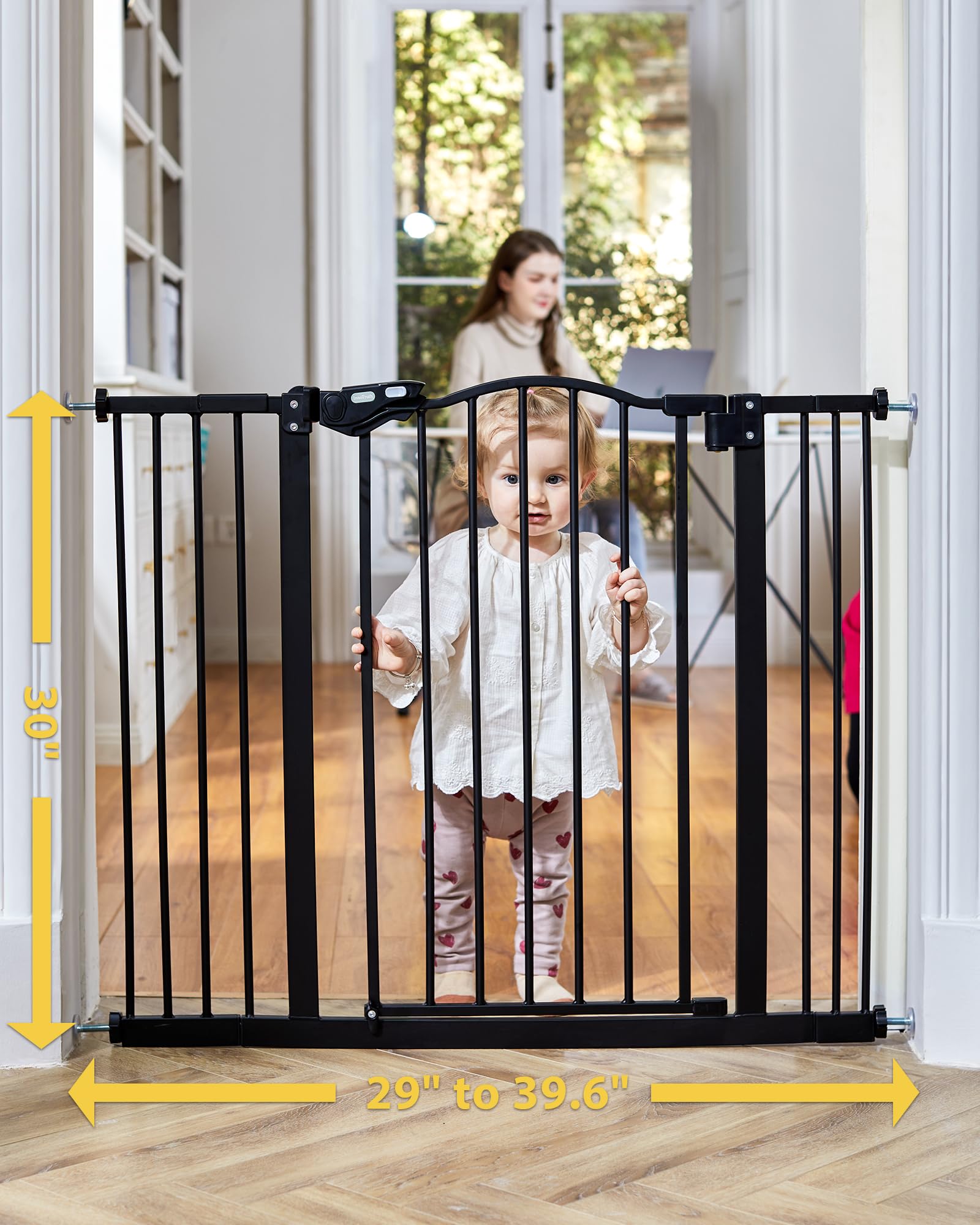 InnoTruth Baby Gate for Stairs & Doorways 29-39.6" Wide, 30" Tall Dog Gate for Pet Gates, Easy Step Auto Close Walk Thru Metal Stair Child Gate, Dual-Lock Safety Design and One-Hand Opening, Black