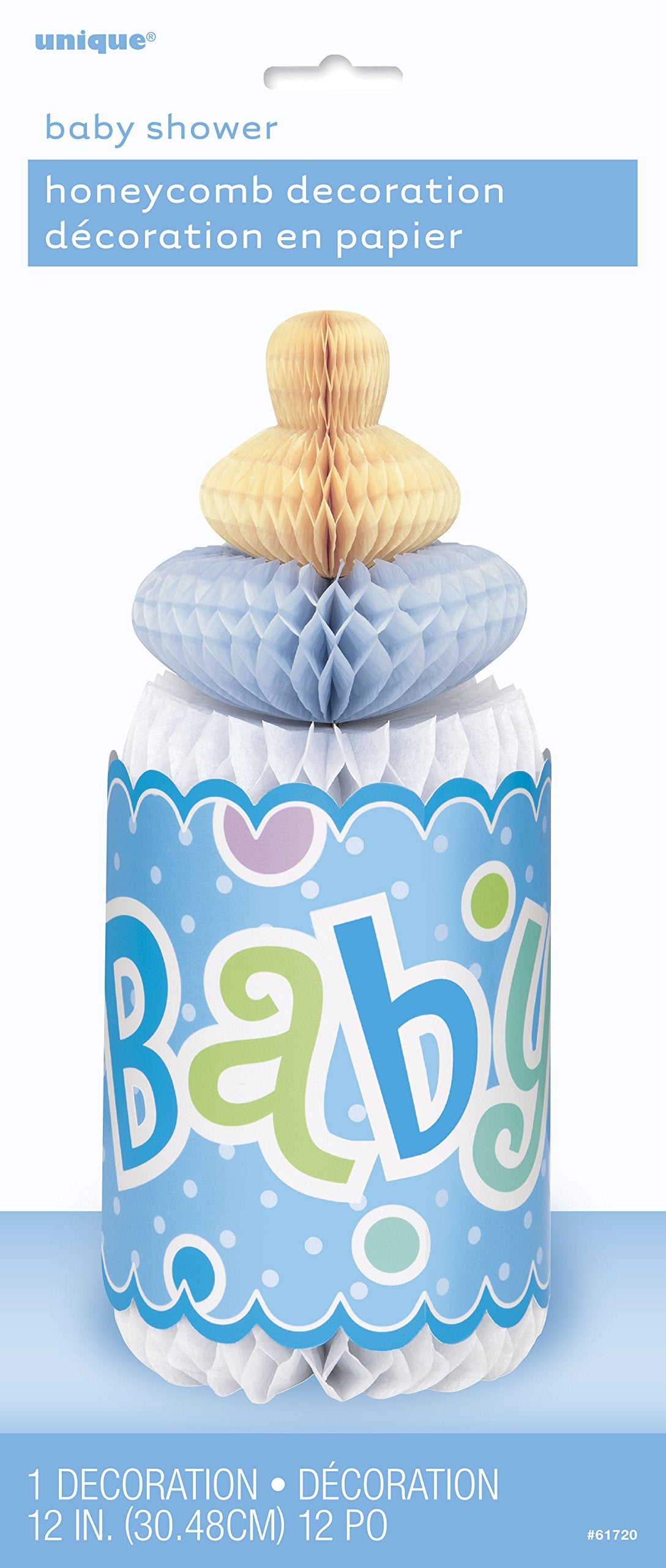 Baby Shower Blue Bottle-Shaped Paper Honeycomb Decoration - 12", 1 Piece - Ideal for Gender Reveals, Baptisms, 1st Birthdays