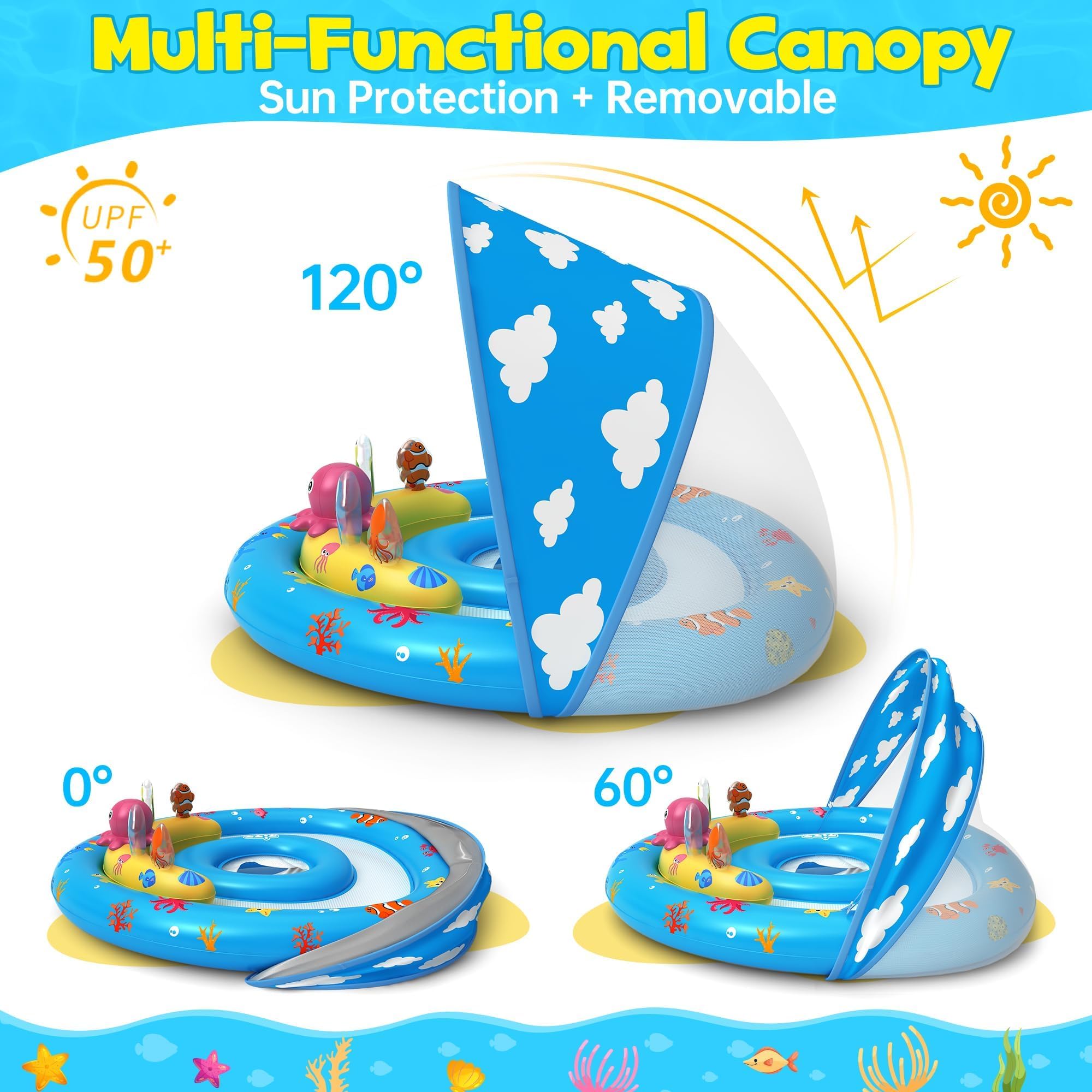 ZIZZ Baby Swim Float Toys - Baby Pools 6-12 Months, Pool Float with Canopy Swimming Toys for Baby 6-12 Months & 1 2 Year Old Toddler Summer Outdoor Play Kids Boy Girl Gifts