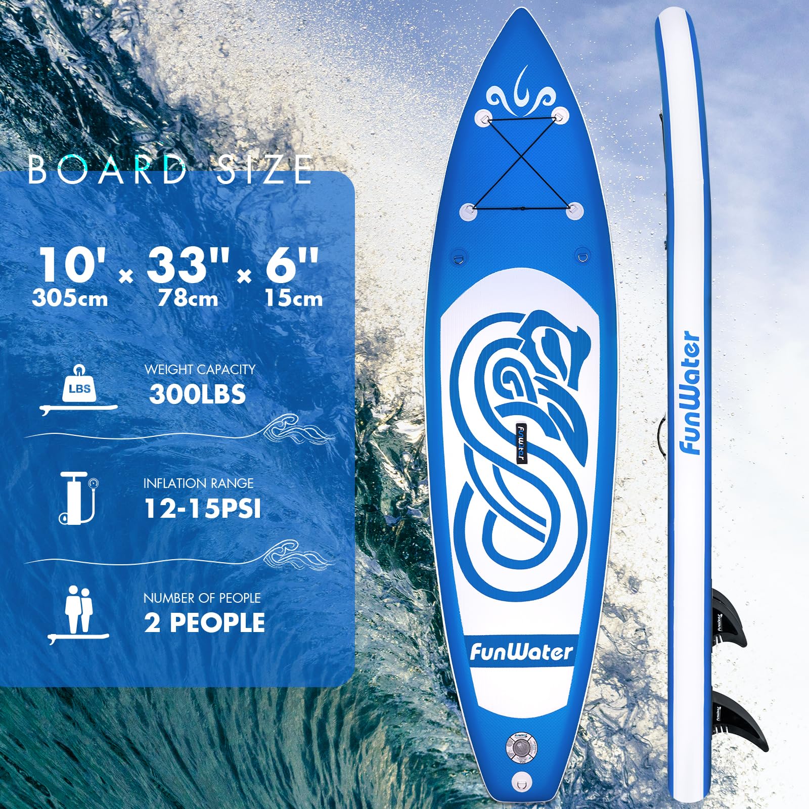 FunWater SUP Inflatable Stand Up Paddle Board 10'x31''x6'' Ultra-Light Inflatable Paddleboard with ISUP Accessories,Fins,Adjustable Paddle, Pump,Backpack, Leash