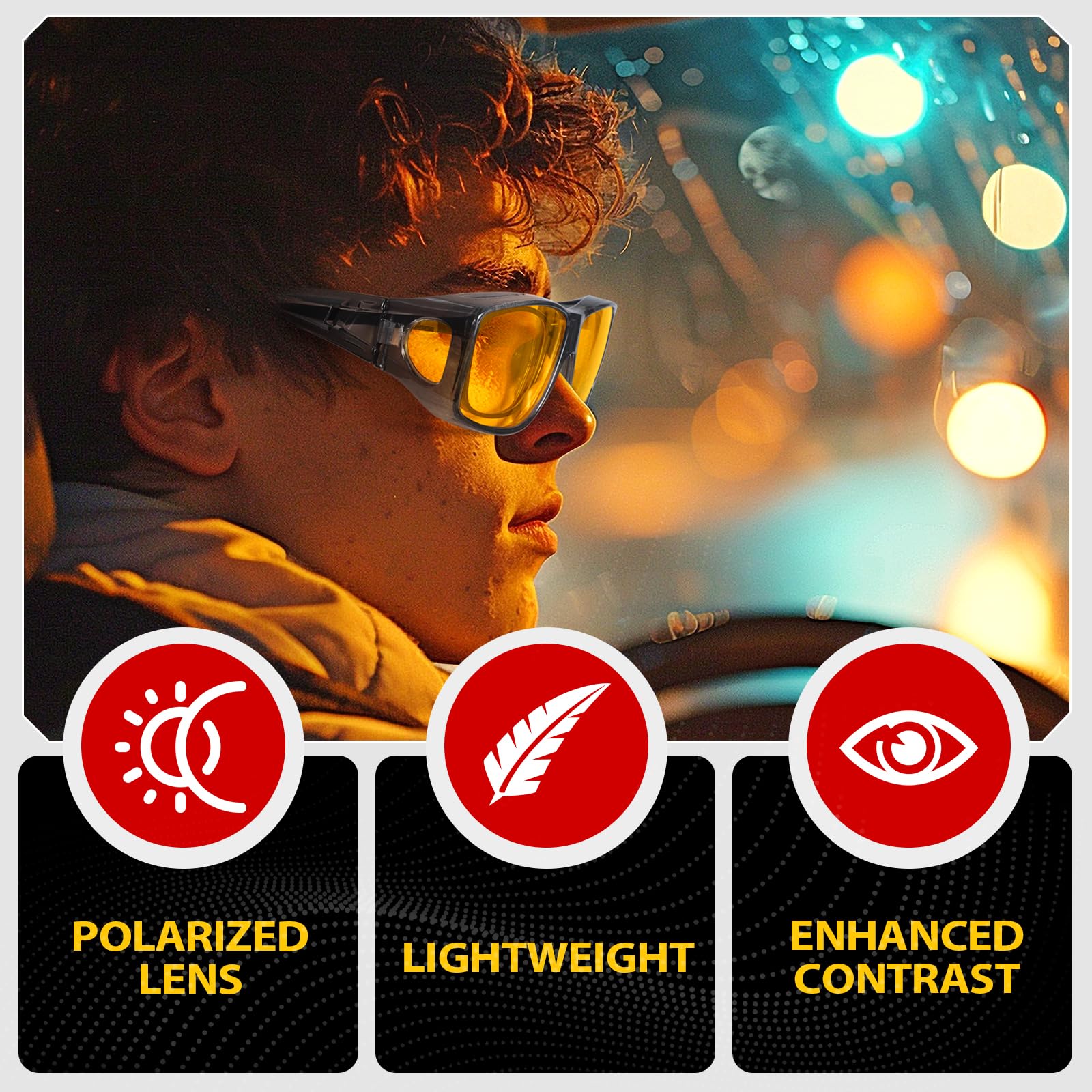 TJUTR Night Vision Driving Glasses Fit Over Glasses for Men Women, Anti Glare Polarized Nighttime Eyeglasses Yellow Lens (Grey)