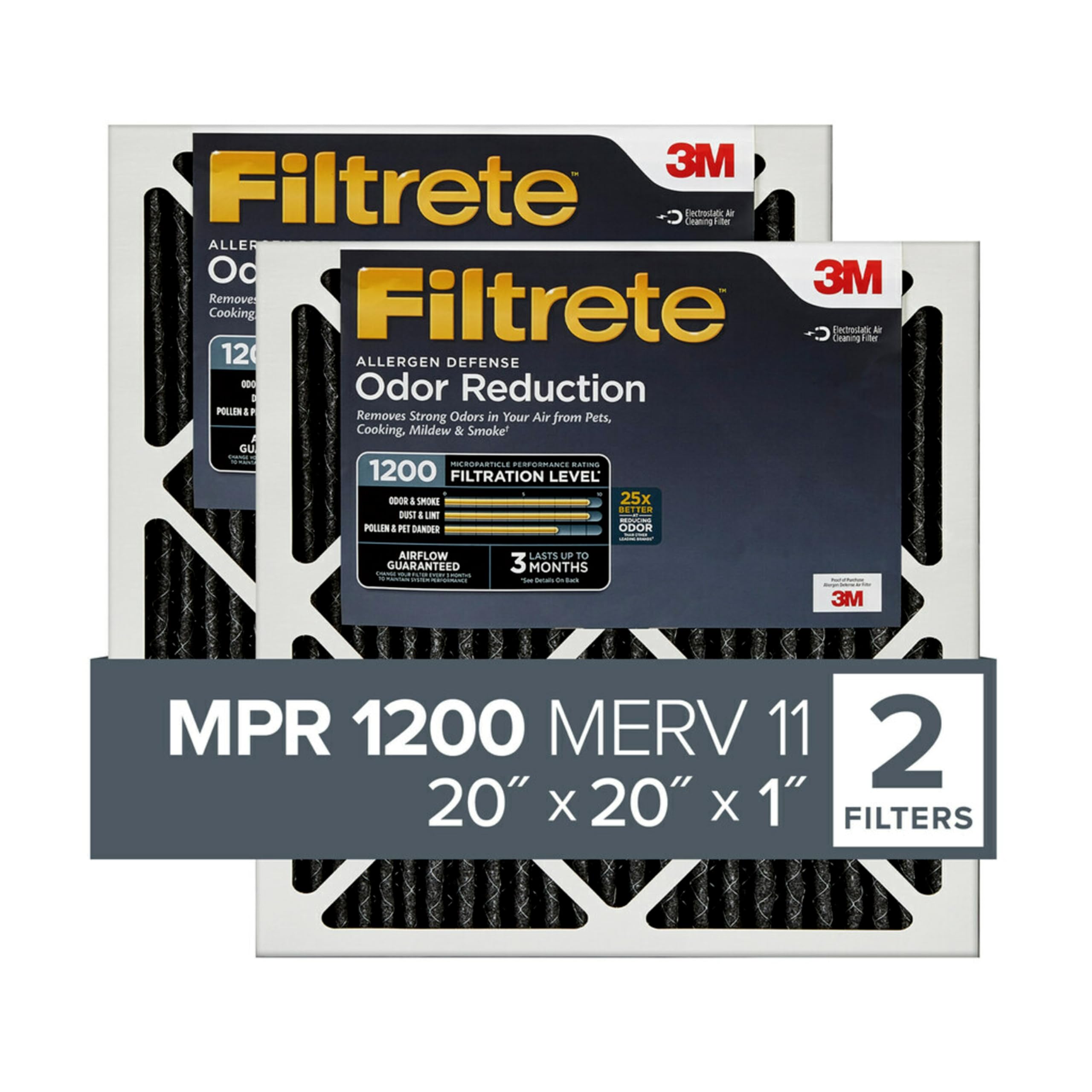 Filtrete 20x20x1 Air Filter, MPR 1200, MERV 11, Allergen Defense Odor Reduction 3-Month Pleated 1-Inch Air Filters, 2 Filters