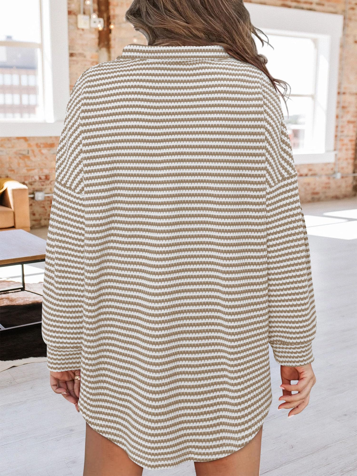 BETTE BOUTIK Womens Sweatshirt Fall Winter Fashion Tunic Tops Boho Long Sleeve Crochet Waffle Knit Loose Casual Shirt Flowy Cute Comfy Shacket Jacket Off White Stripes S
